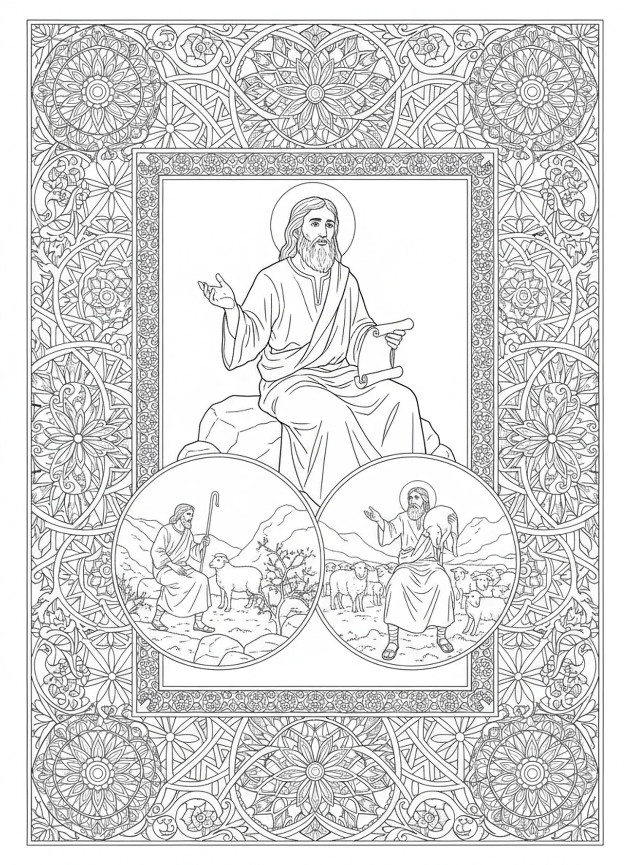 Lukas erzählt Gleichnisse, Lukas Evangelist Ausmalbild für Erwachsene im Bibel-Journaling-Stil
