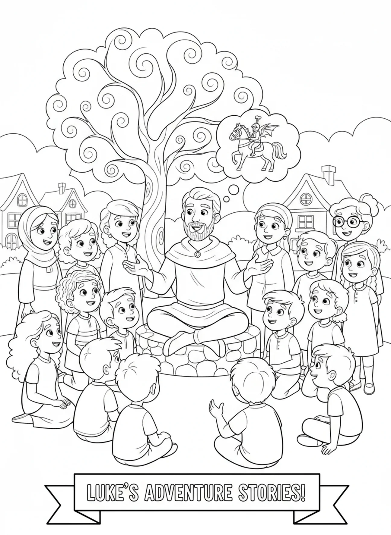 Menschenmenge von Zuhörern, Lukas Evangelist Ausmalbild für Kinder im Alter von 5-10 Jahren