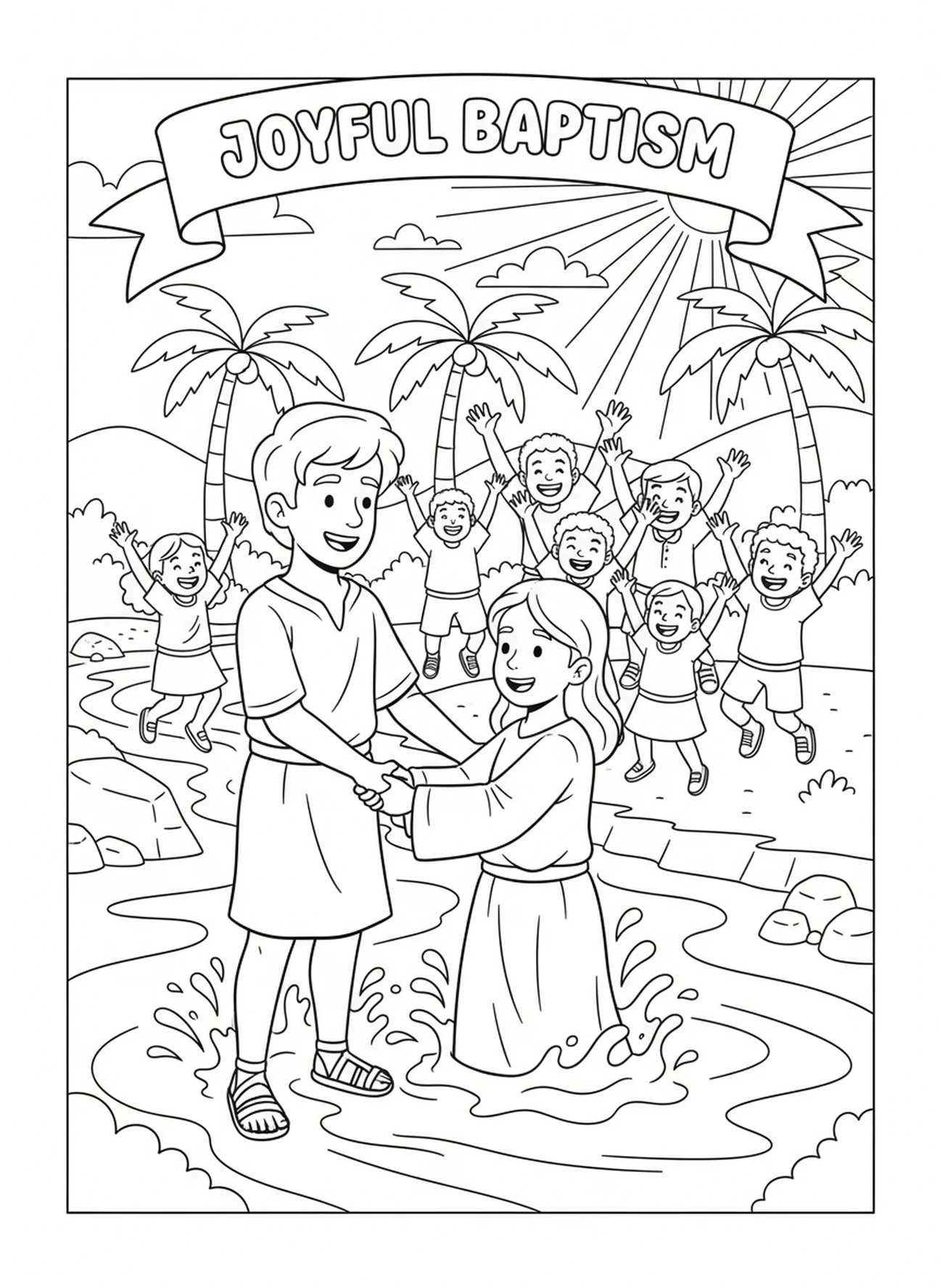Lukas tauft einen Gläubigen, Ausmalbild des Evangelisten Lukas für Kinder im Alter von 5-10 Jahren
