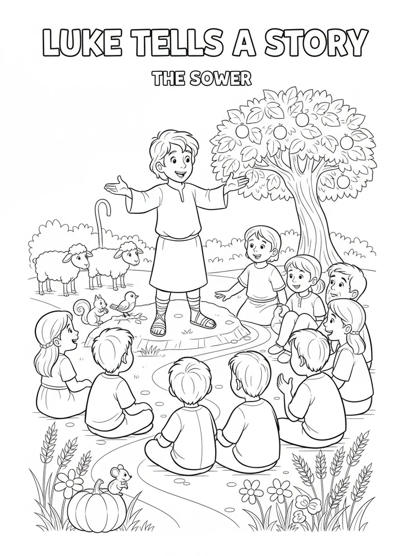 Lukas erzählt Gleichnisse, Ausmalbild des Evangelisten Lukas für Kinder im Alter von 5-10 Jahren