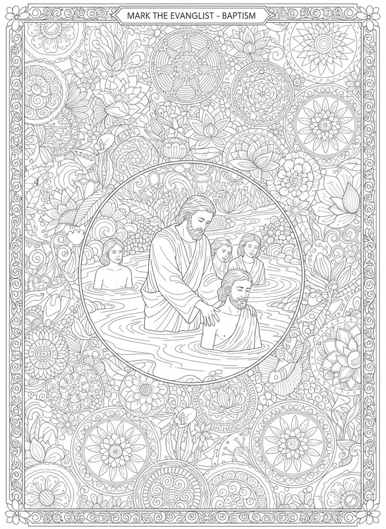 Saint Marc baptisant des croyants, page à colorier de l'Évangéliste Marc dans un style de journal biblique pour adultes.