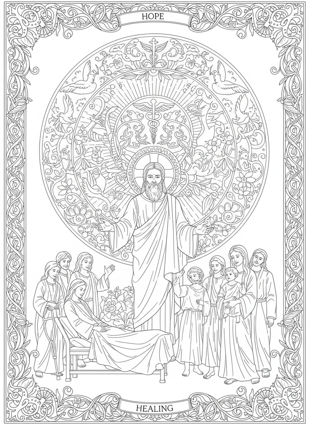 Marc guérissant les malades, page à colorier de l'Évangéliste Marc dans un style de journal biblique pour adultes.