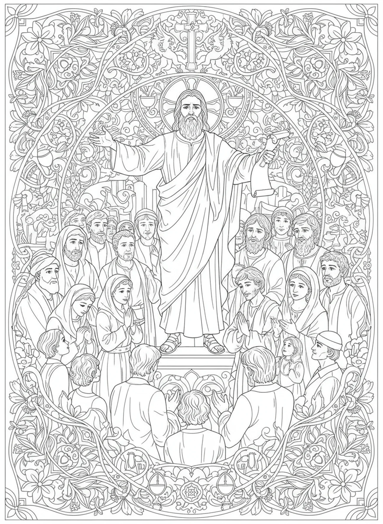 Marc prêchant à la foule, page à colorier de l'Évangéliste Marc dans un style de journal biblique pour adultes.