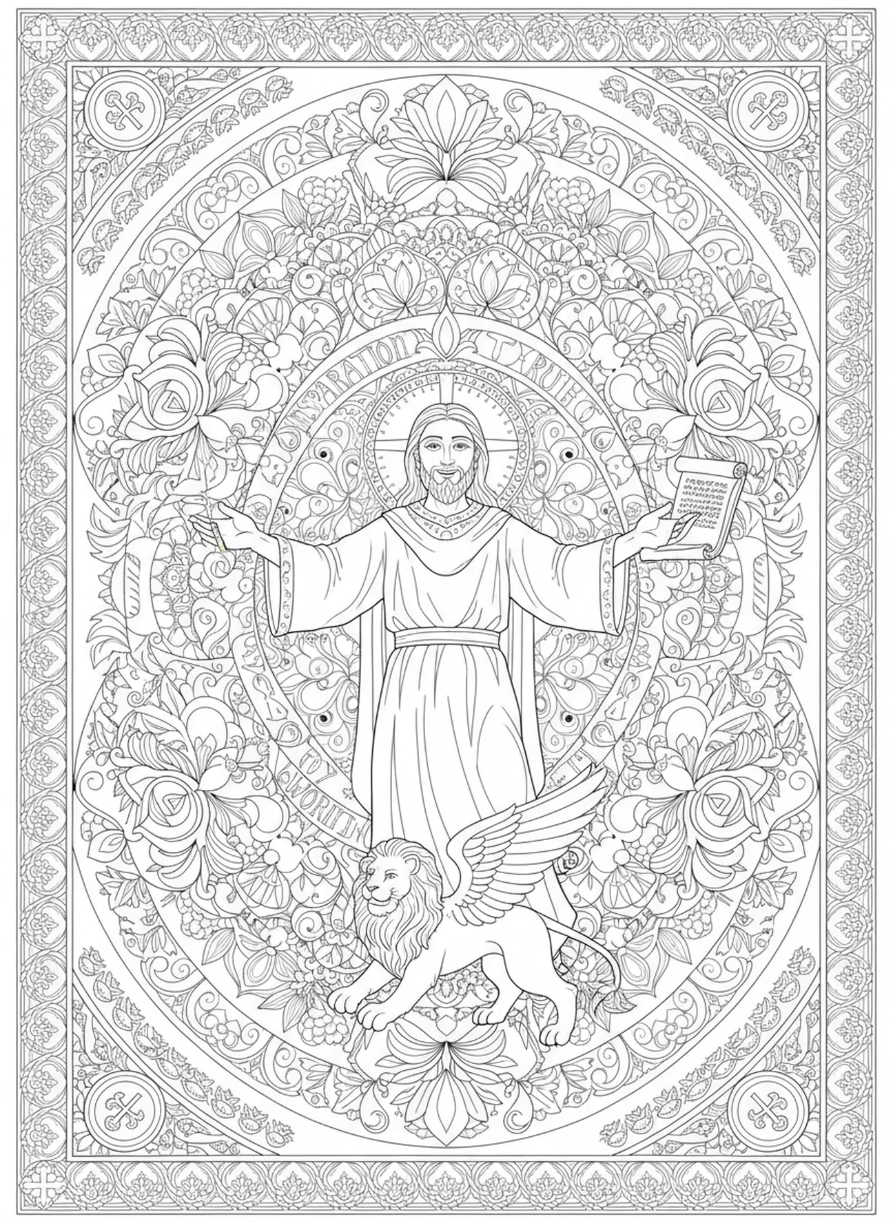 Marc répandant le message, page à colorier de l'Évangéliste Marc dans un style de journal biblique pour adultes.