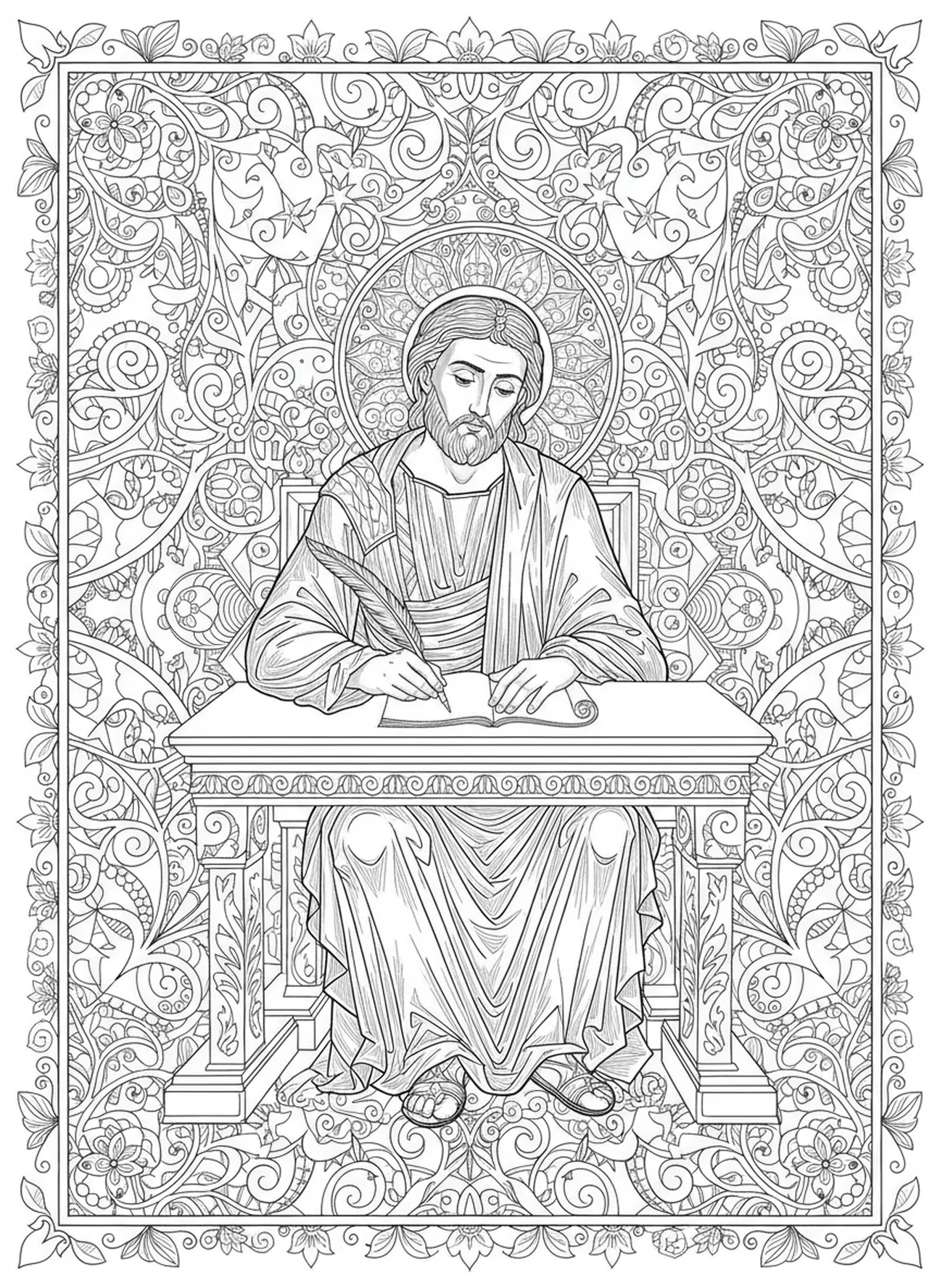 Saint Marc l'Évangéliste en train d'écrire, page à colorier Saint Marc pour adultes dans un style de journal biblique.