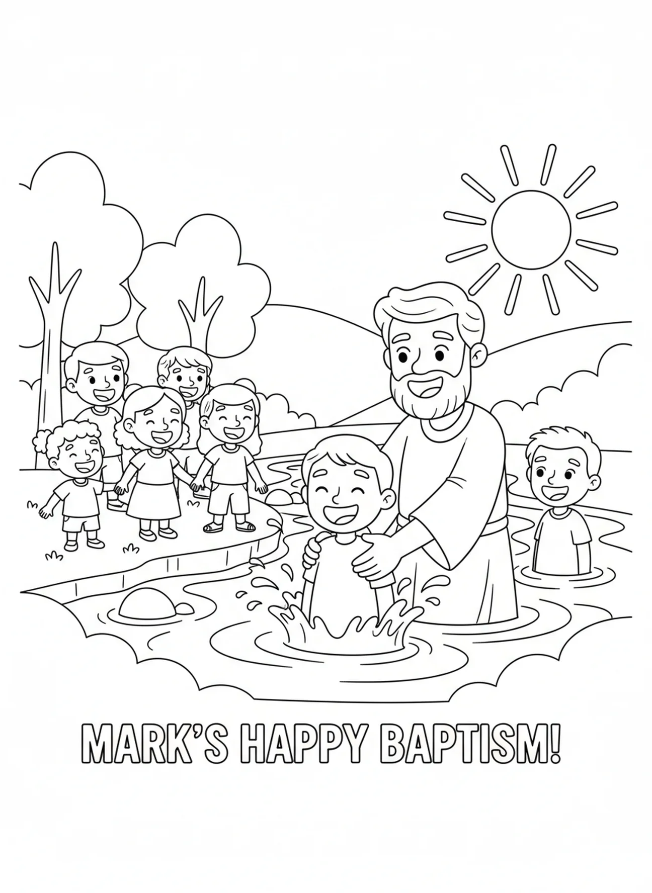 Marcos batizando pessoas, página para colorir do Evangelista Marcos para crianças de 5 a 10 anos.