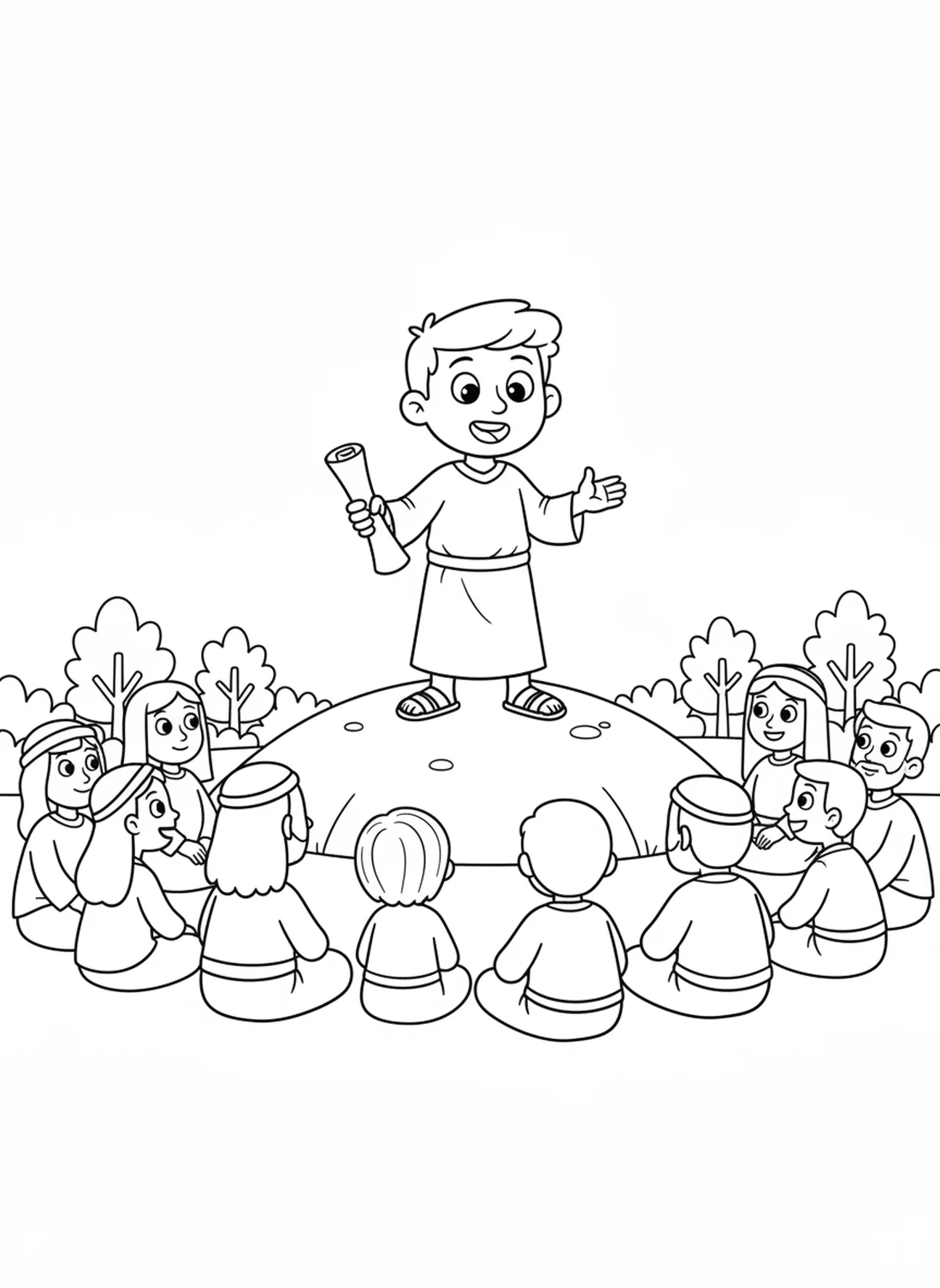 Marcos pregando para a multidão, página de colorir do Evangelista Marcos para crianças de 5 a 10 anos.
