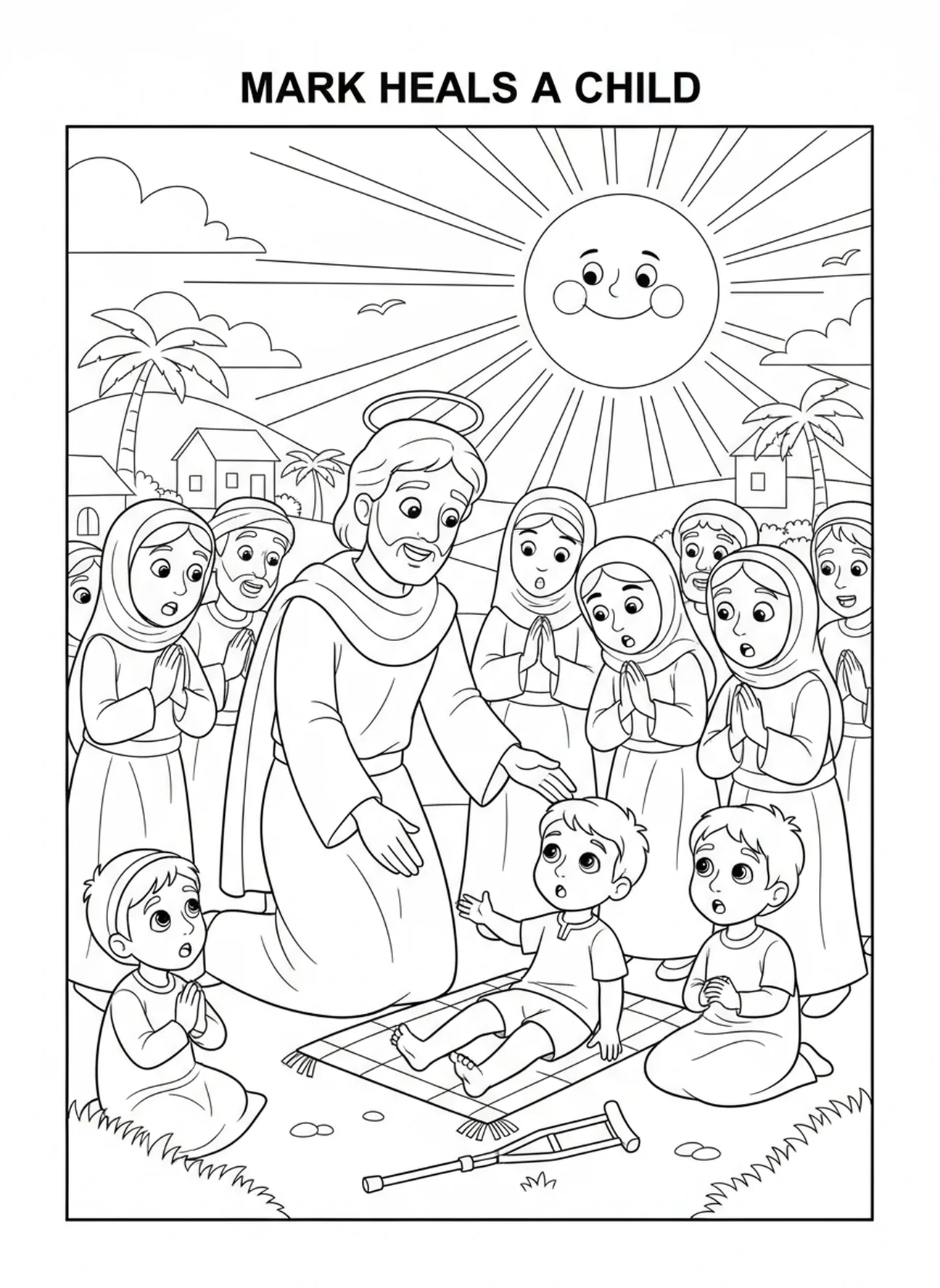 Marcos realizando milagres, página para colorir do Evangelista Marcos para crianças de 5 a 10 anos.
