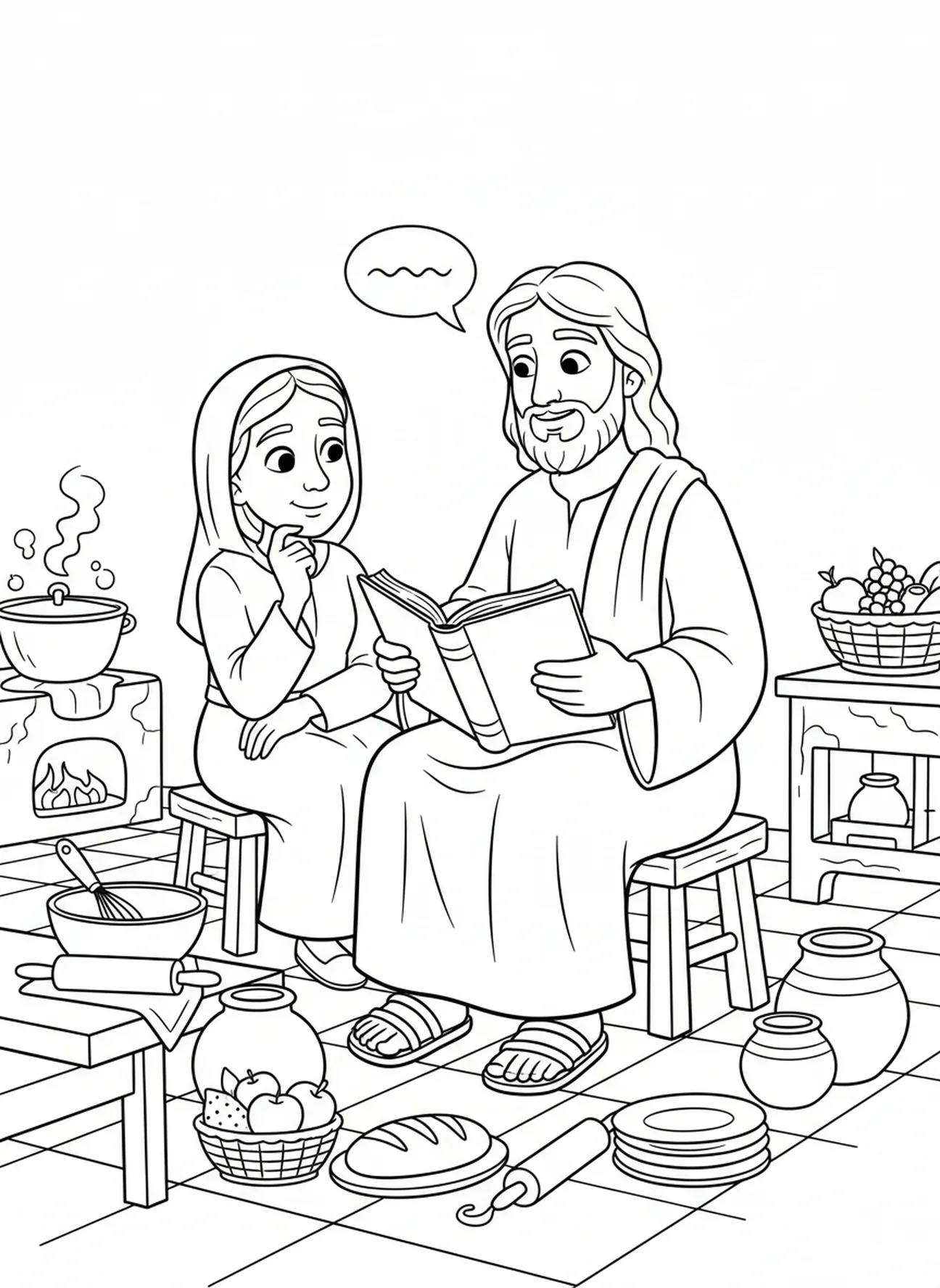 Jesus lehrt Martha, Ausmalbild für Kinder im Alter von 5-10 Jahren.