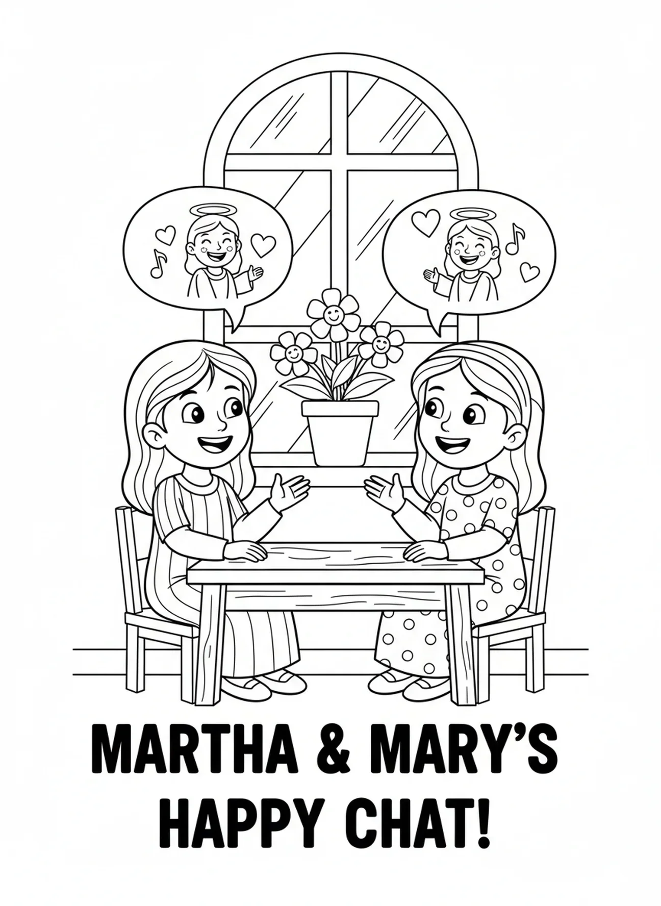 Martha und Maria im Gespräch, Malvorlage für Kinder im Alter von 5-10 Jahren.