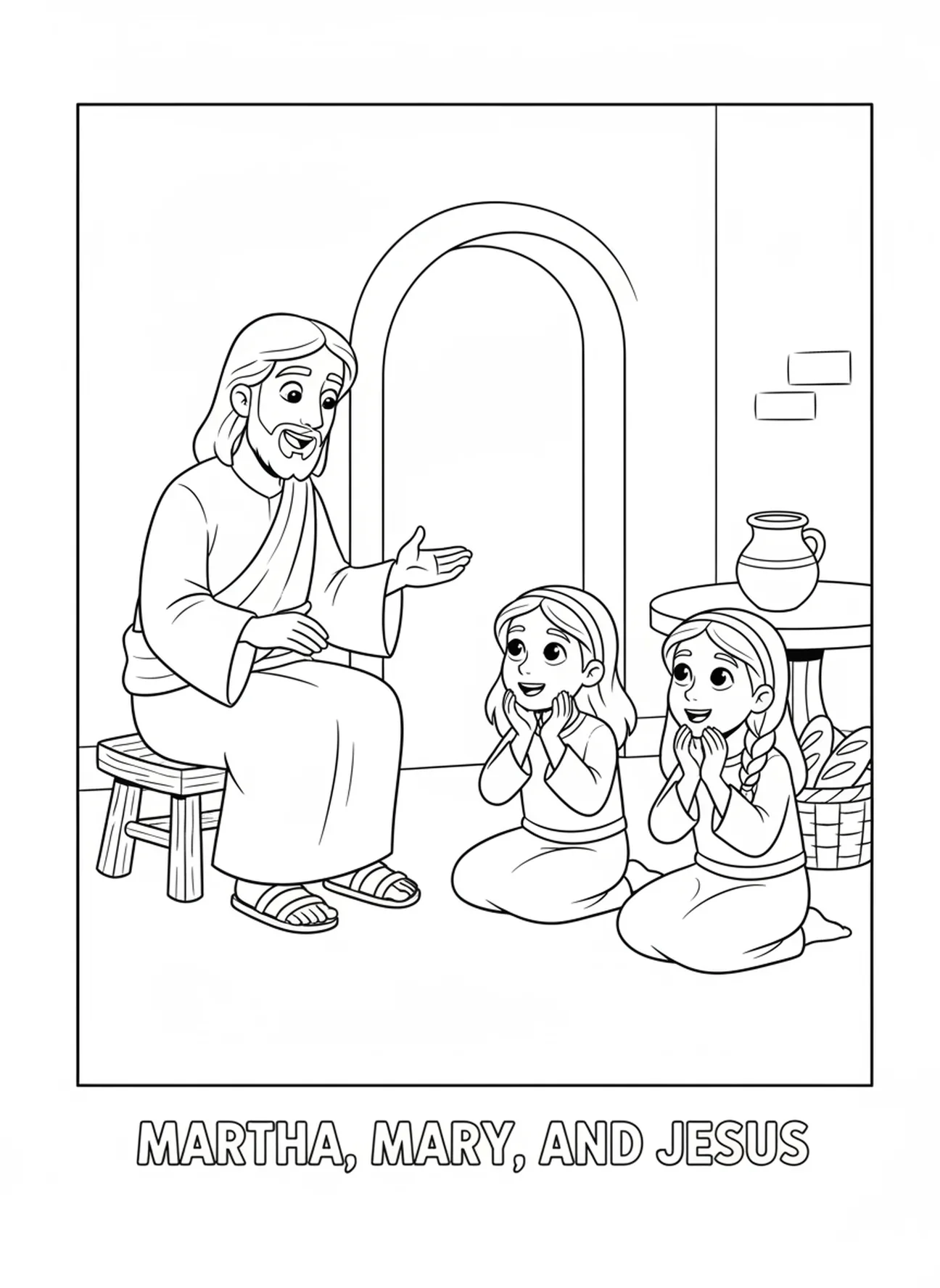 Martha hört Jesus zu, Malvorlage für Kinder im Alter von 5-10 Jahren.