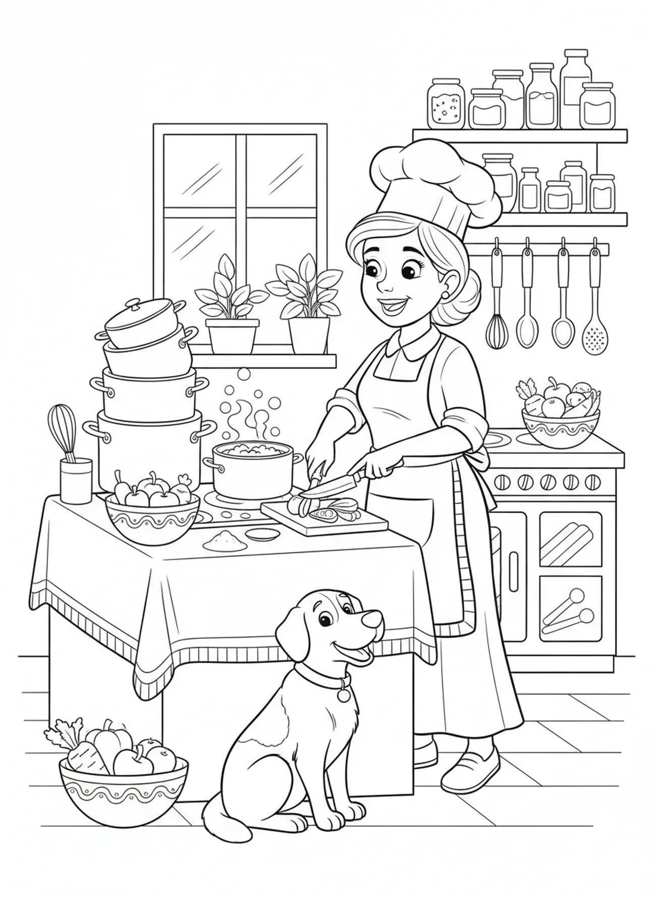 Martha beim Kochen in der Küche, Ausmalbild für Kinder im Alter von 5-10 Jahren.
