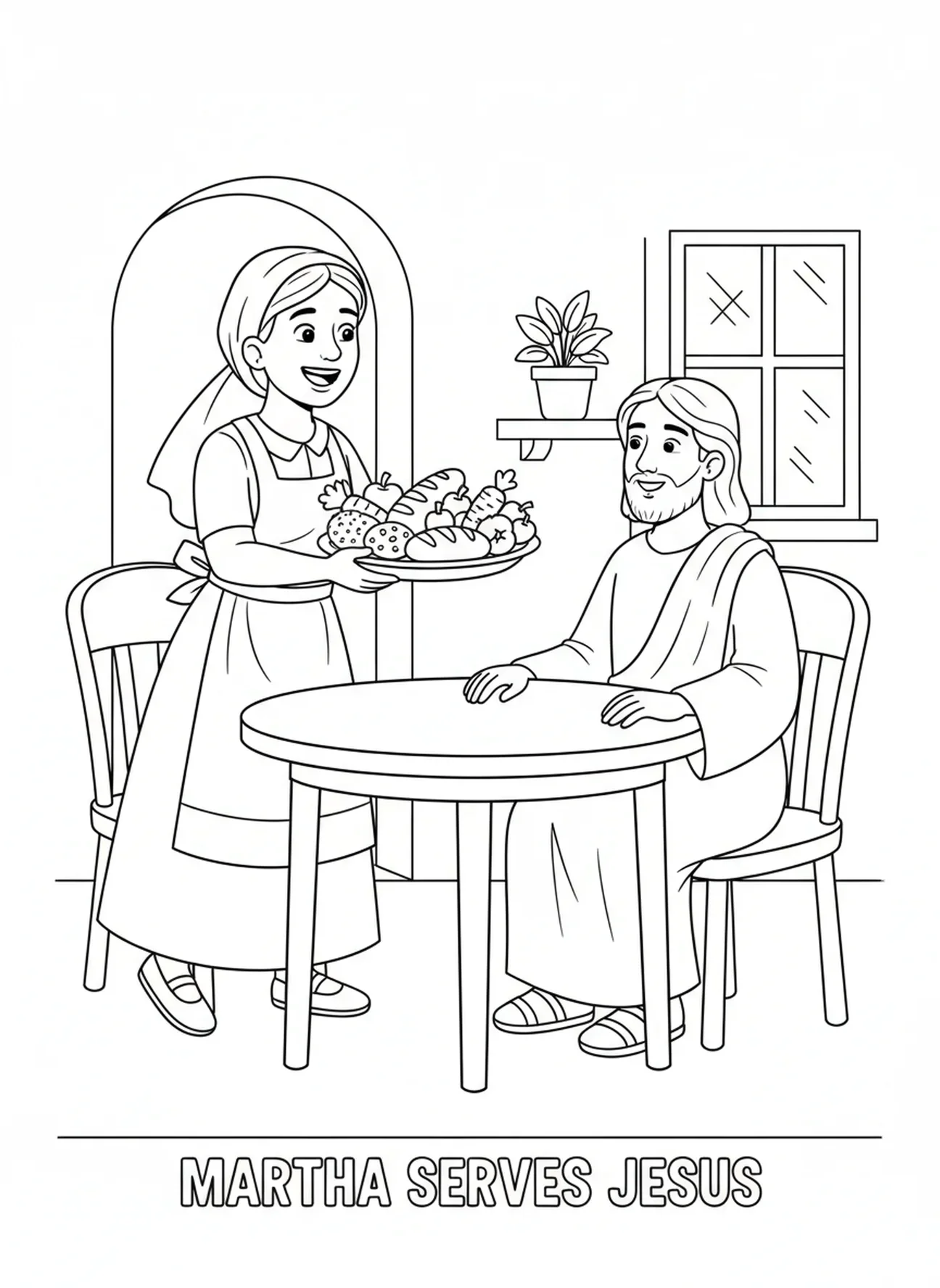 Martha, die Jesus Essen serviert, Ausmalbild für Kinder im Alter von 5-10 Jahren.