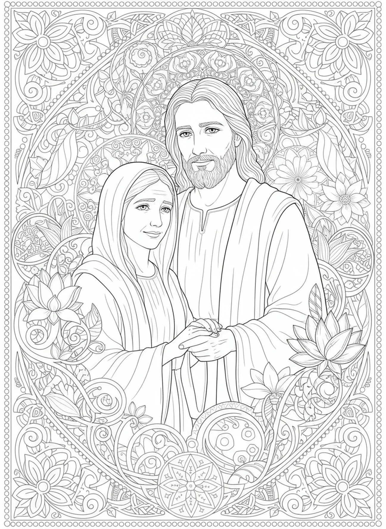 Jesus, der Martha beruhigt, Ausmalbild für Erwachsene im Stil des Bibeljournalings.