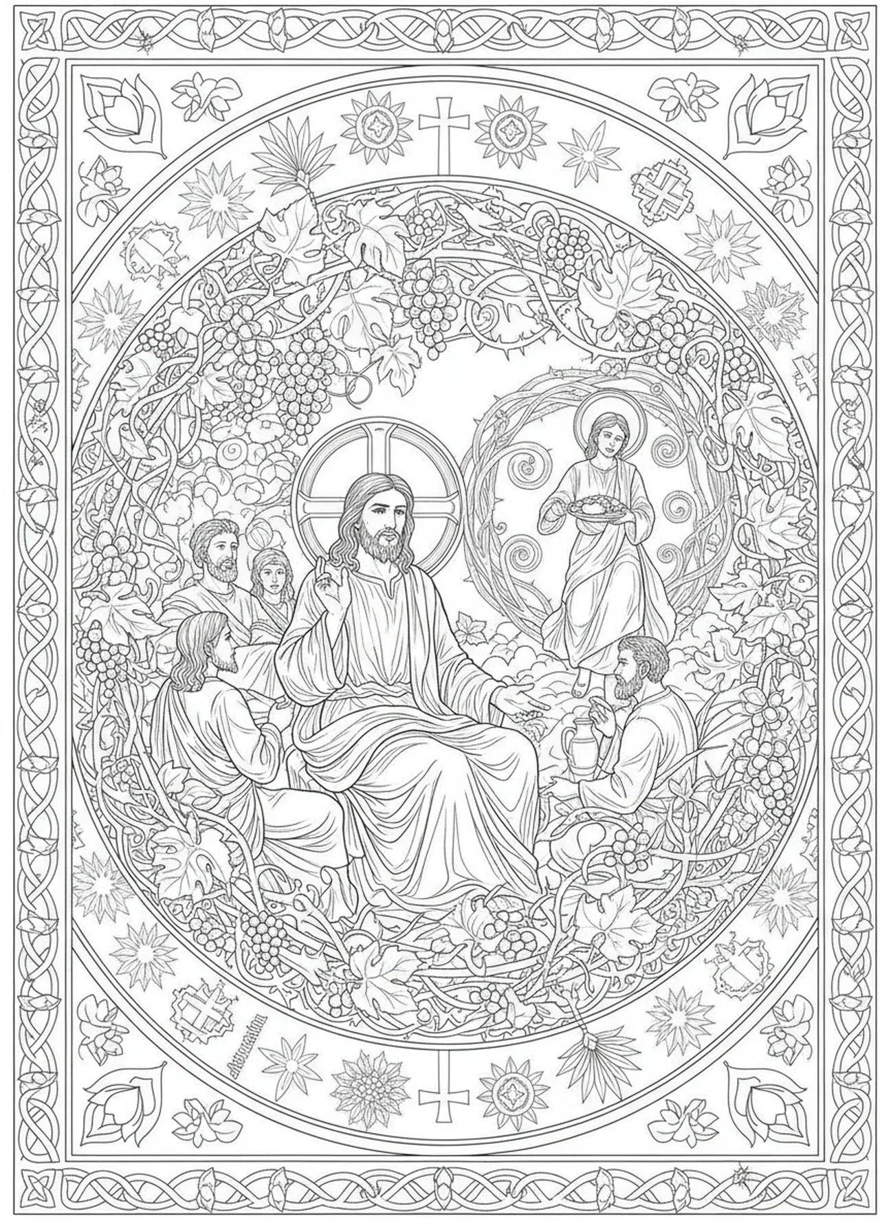 Jesus lehrt im Haus, Malvorlage für Erwachsene mit Maria und Martha im Stil des Bibel-Journalings.