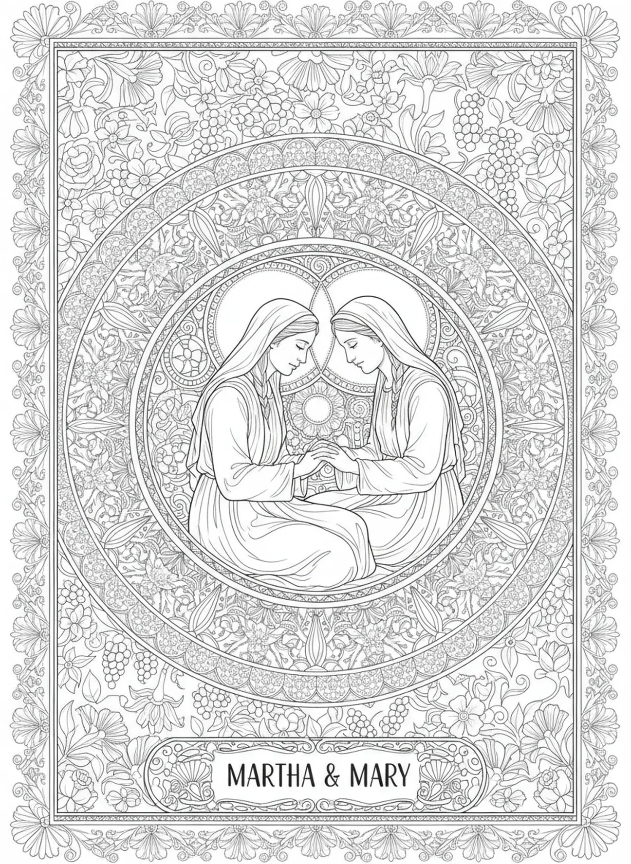 Martha und Maria zusammen, Ausmalbild für Erwachsene im Bibel-Journaling-Stil.