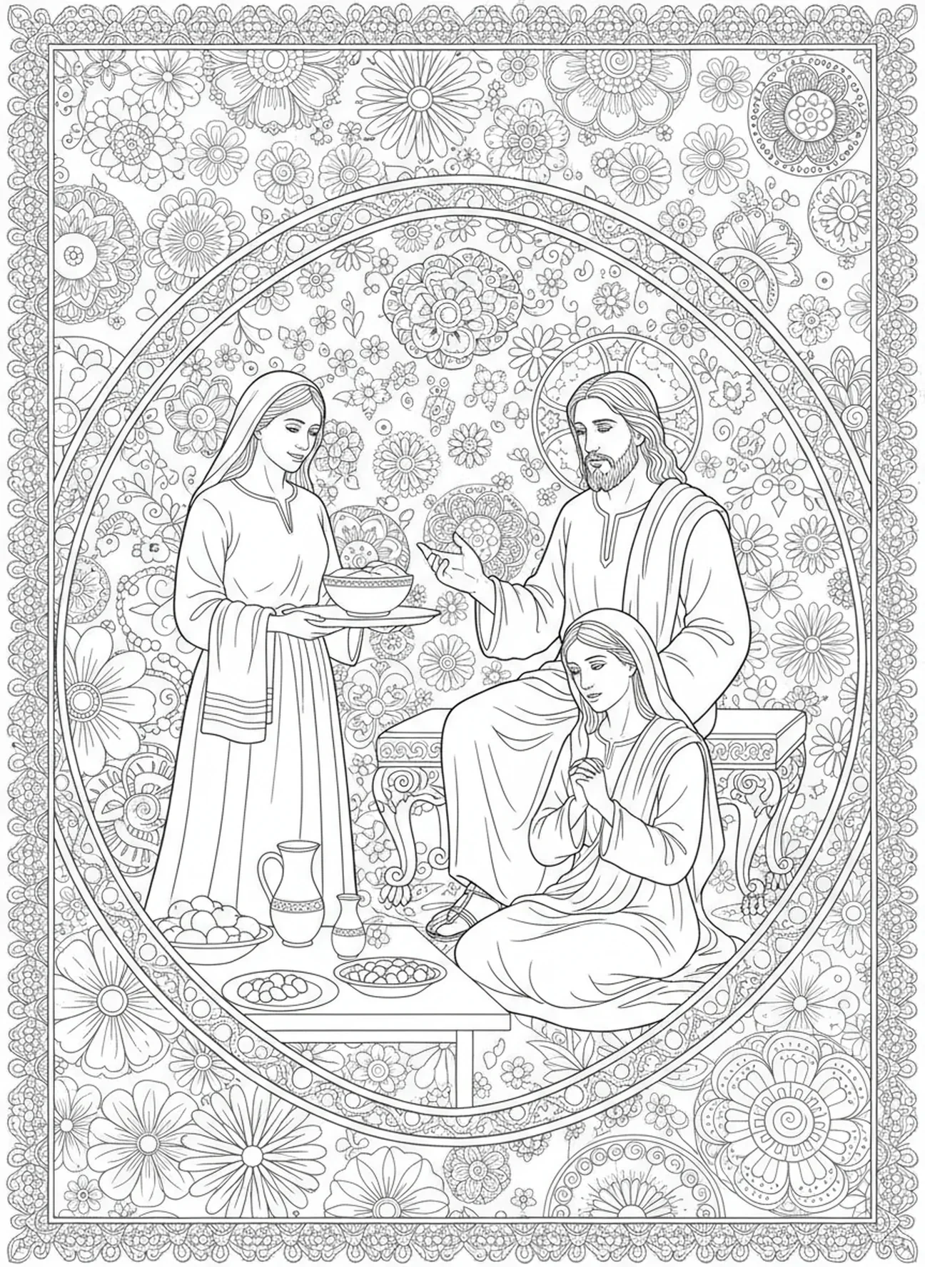 Martha, die Essen serviert, Malvorlage für Erwachsene über Maria und Martha im Bibel-Journaling-Stil.