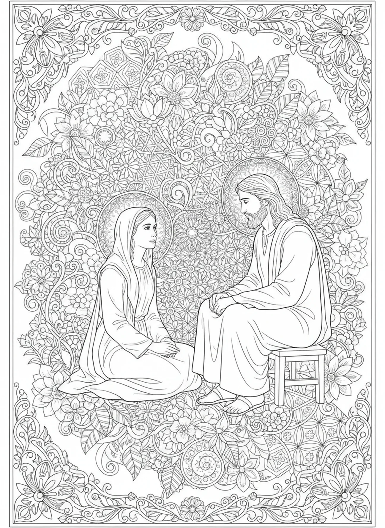 Maria hört Jesus zu, Ausmalbild von Maria und Martha im Stil des Bibeljournaling für Erwachsene.