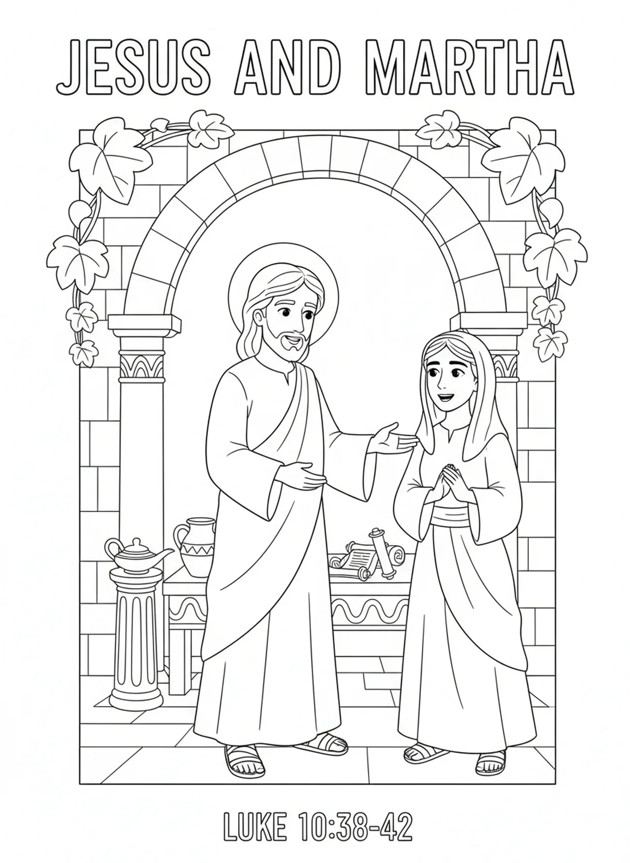 Jésus répondant à Marthe, page à colorier de Marie et Marthe pour les enfants de l'École du dimanche âgés de 5 à 12 ans.