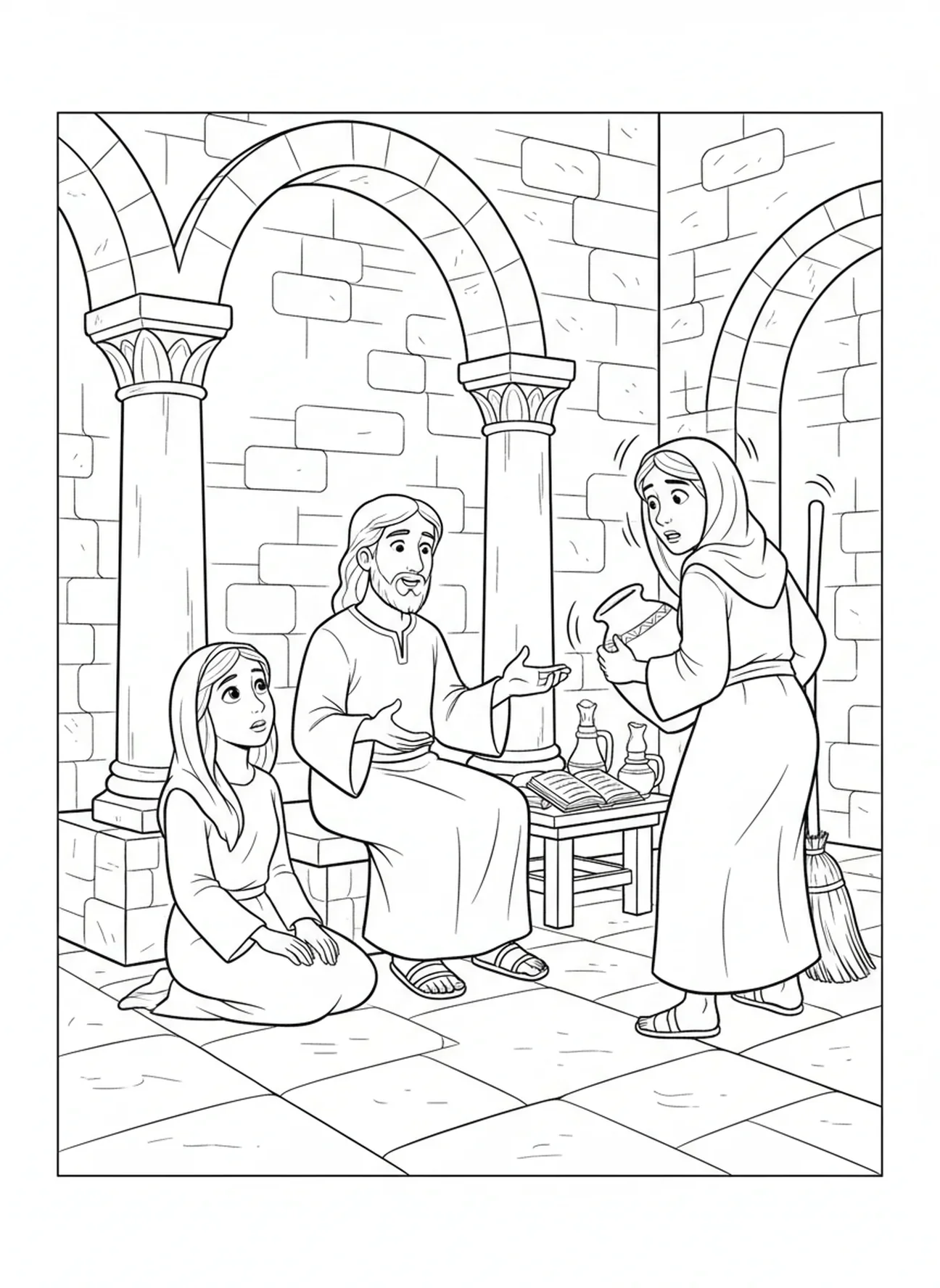 Jésus enseignant Marie et Marthe, page à colorier Marie et Marthe pour l'École du dimanche, enfants de 5 à 12 ans.