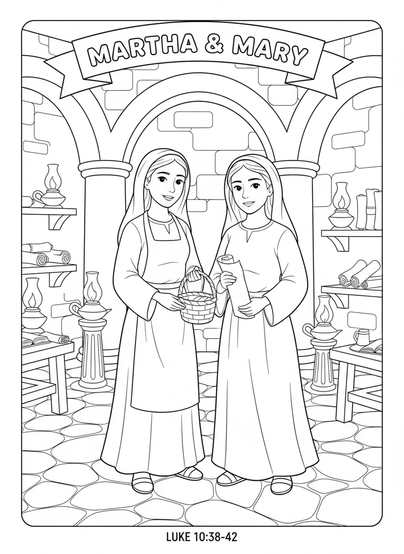 Martha et Marie ensemble, page à colorier de Marie et Martha pour les enfants de l'École du dimanche âgés de 5 à 12 ans.