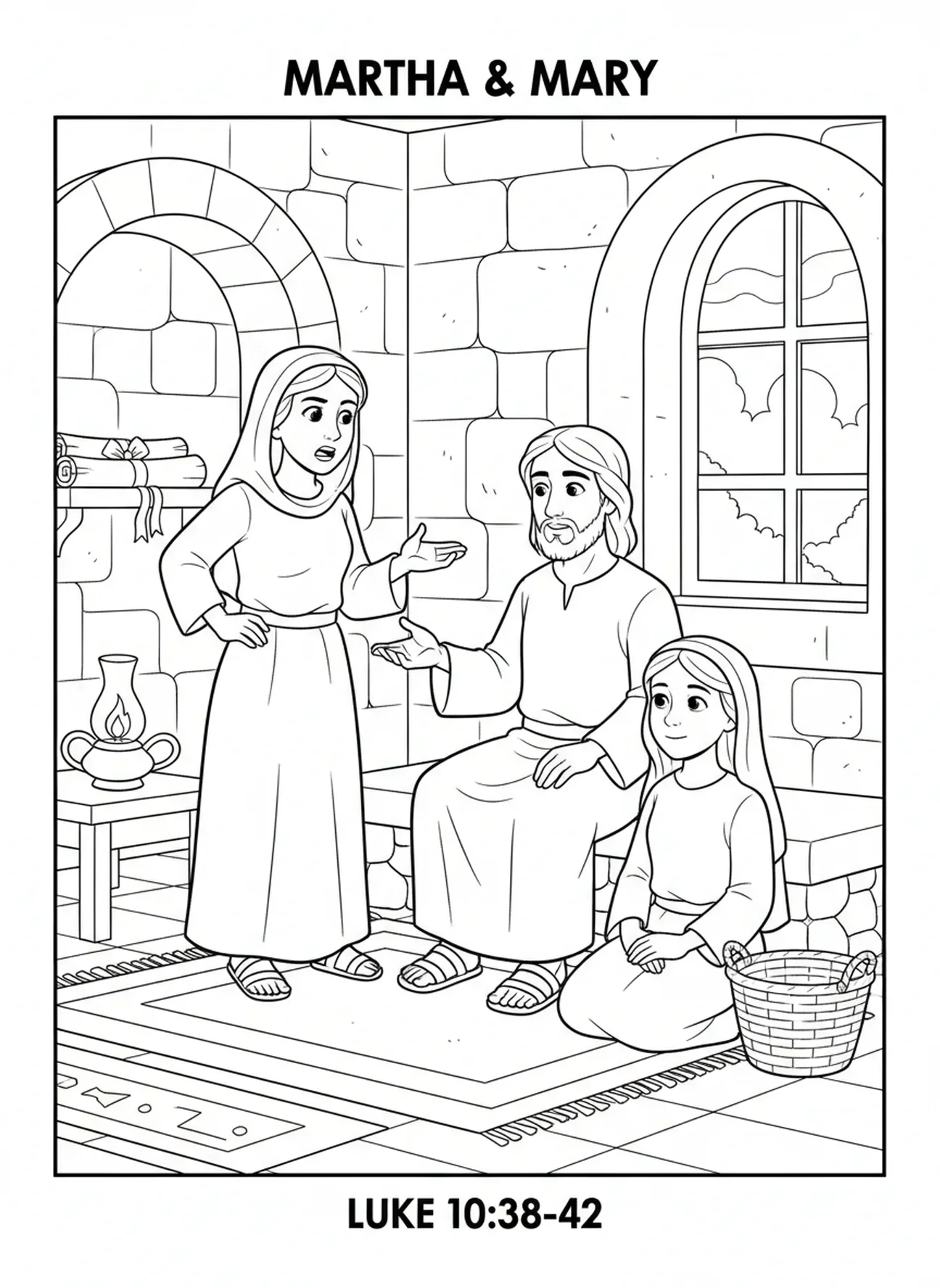 Martha frustrée avec Jésus, page à colorier Marie et Martha pour les enfants de l'École du dimanche âgés de 5 à 12 ans.