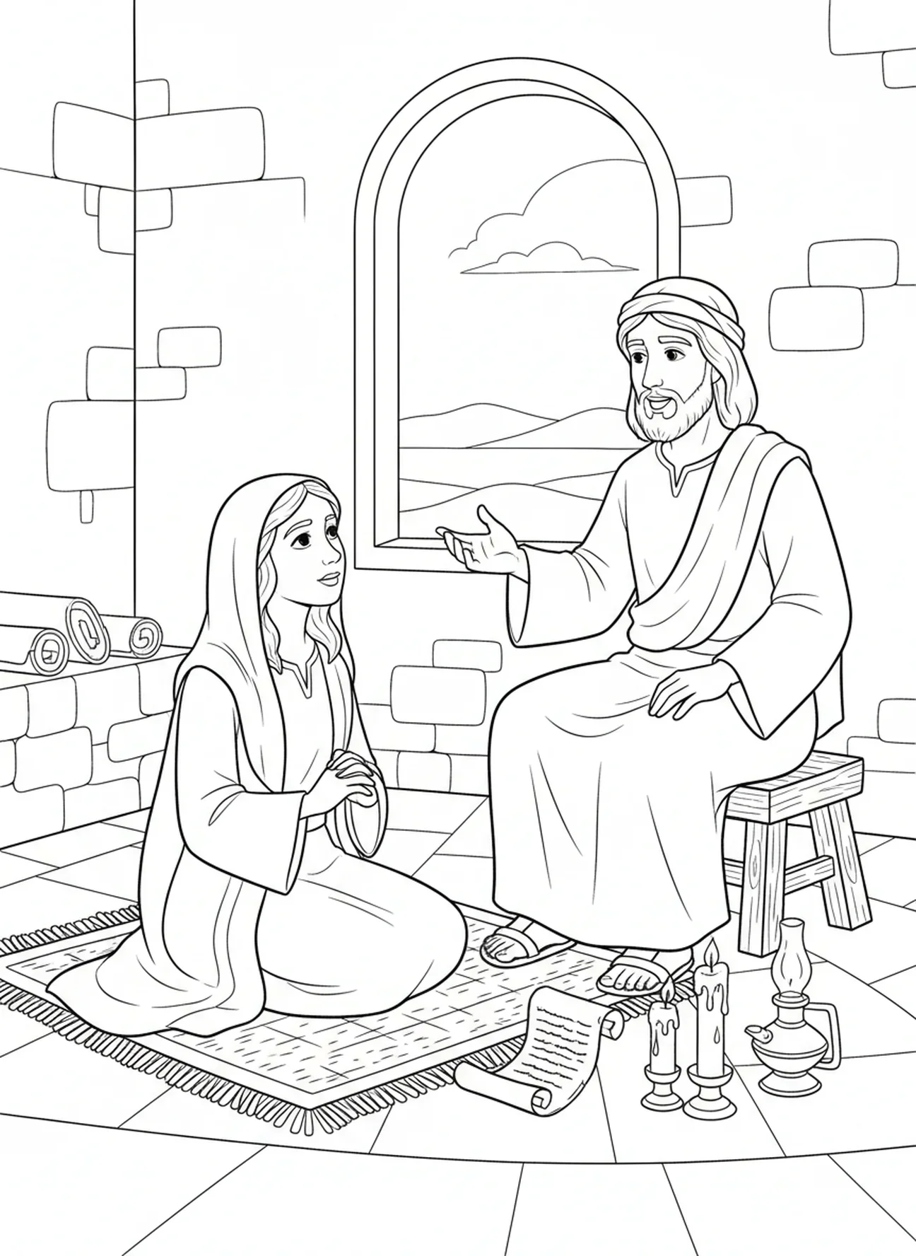 Marie écoutant Jésus, page à colorier Marie et Marthe pour les enfants de l'École du dimanche âgés de 5 à 12 ans.