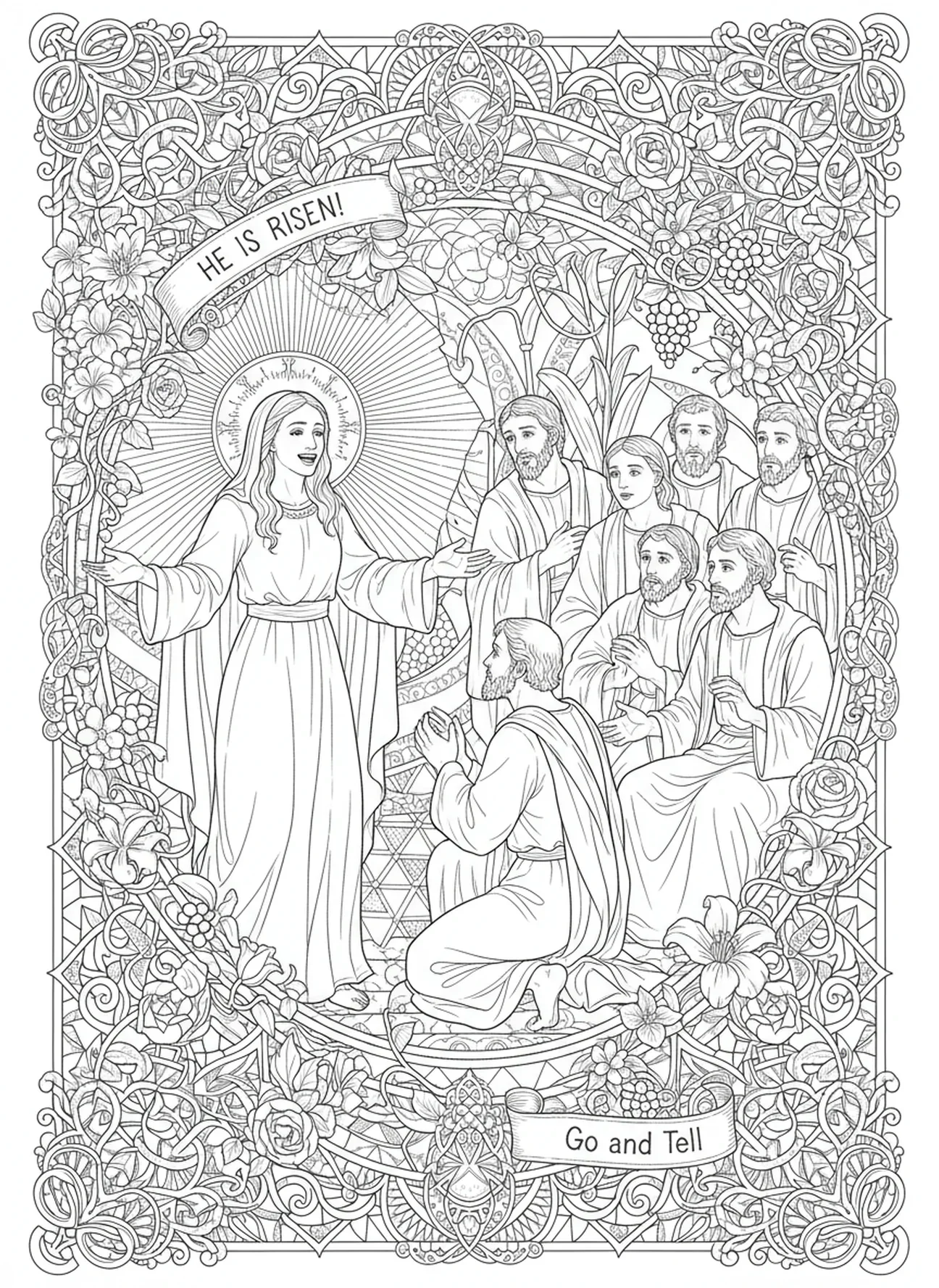 Marie Madeleine annonçant la nouvelle, page à colorier Marie Madeleine pour adultes dans le style du journal biblique.