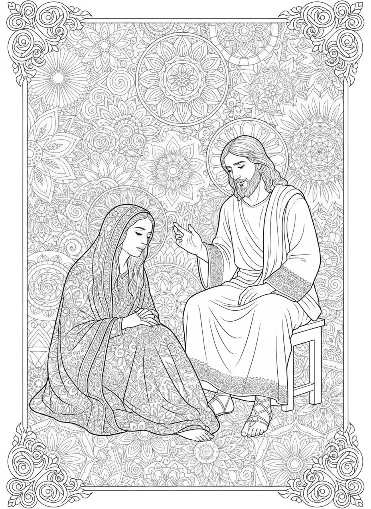 Marie Madeleine écoutant aux pieds de Jésus, page à colorier pour adultes dans le style du journal biblique.