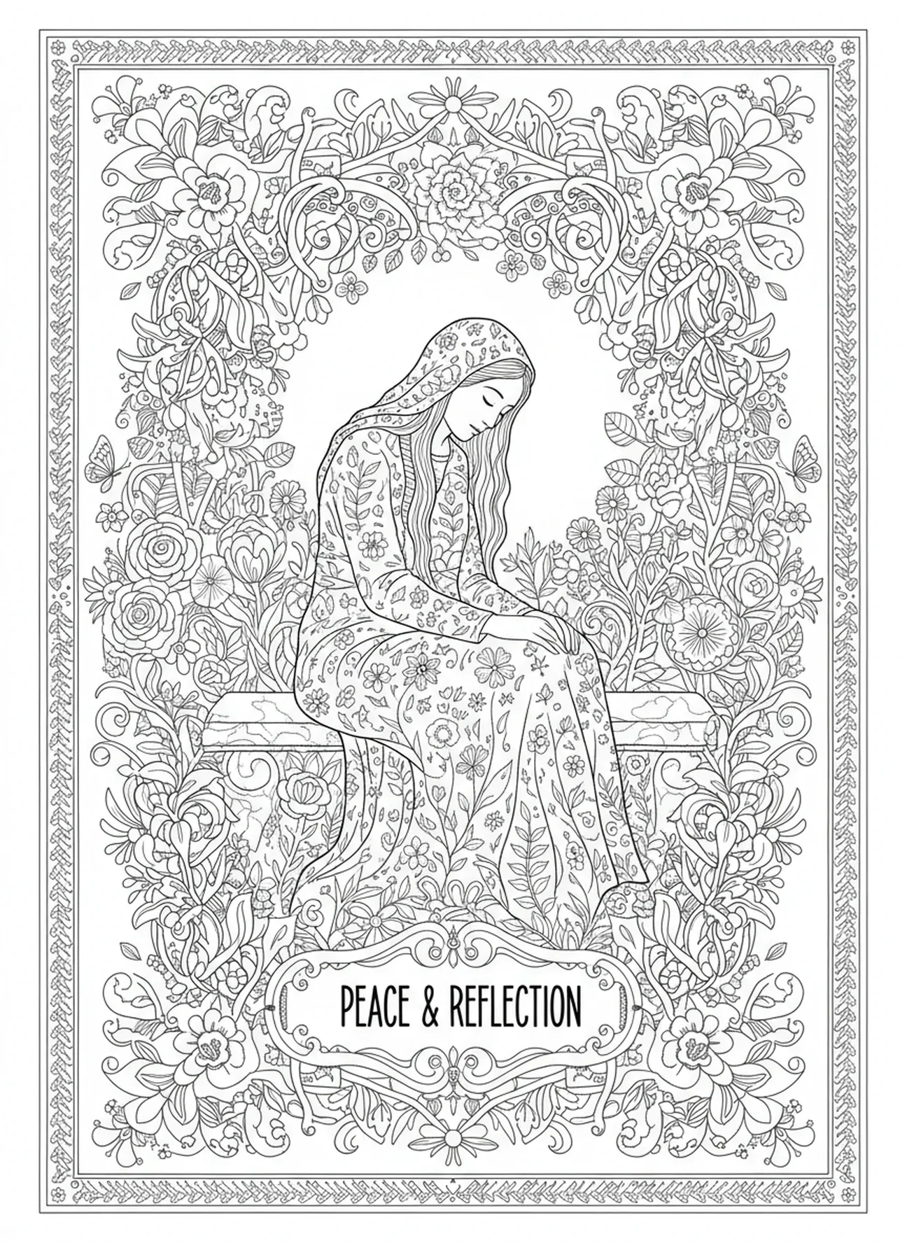 Marie Madeleine dans un jardin serein, page à colorier de Marie Madeleine pour le style de journal biblique pour adultes.