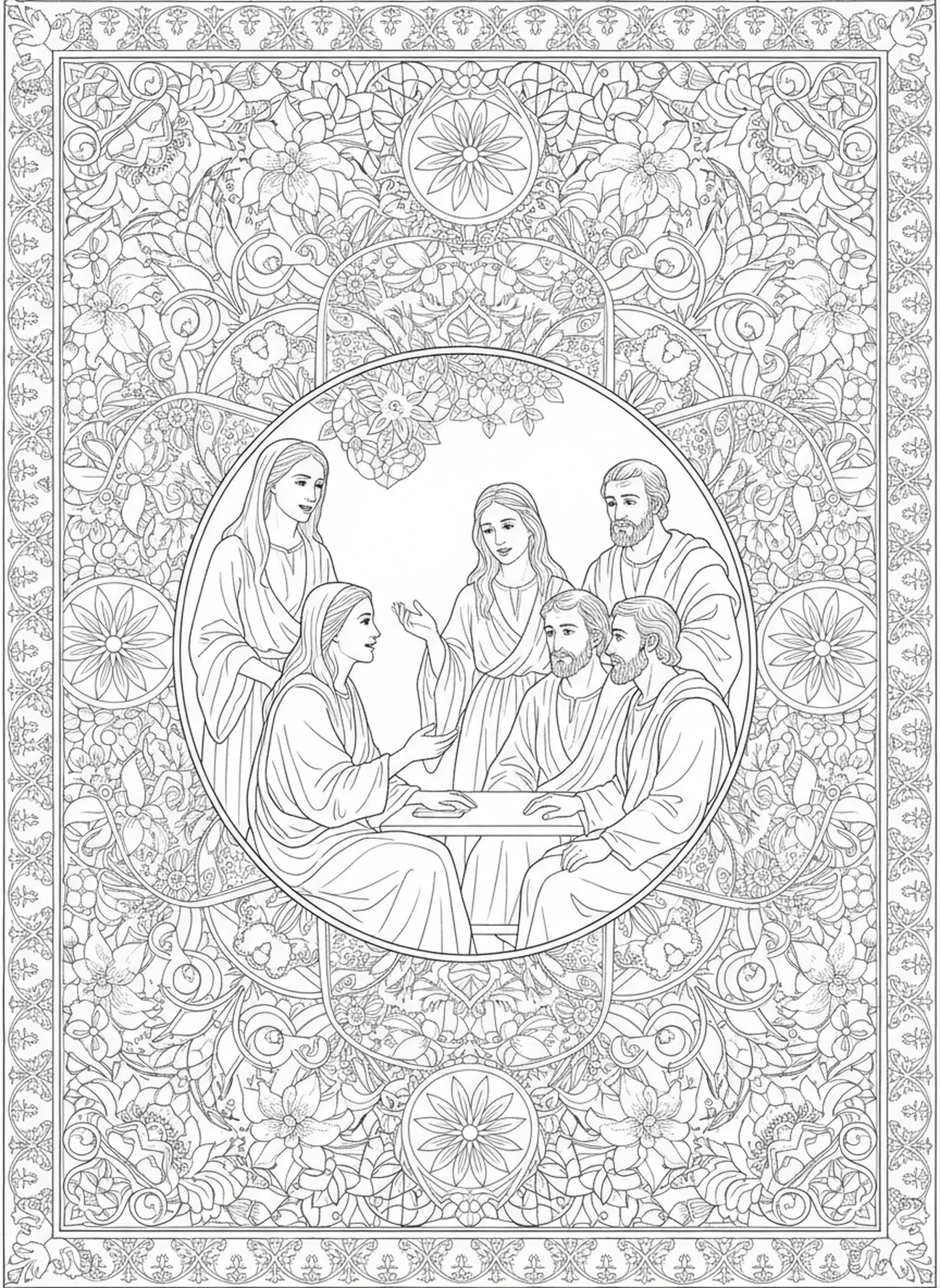 Marie Madeleine conversant avec les disciples, page à colorier pour adultes dans le style du journal biblique.