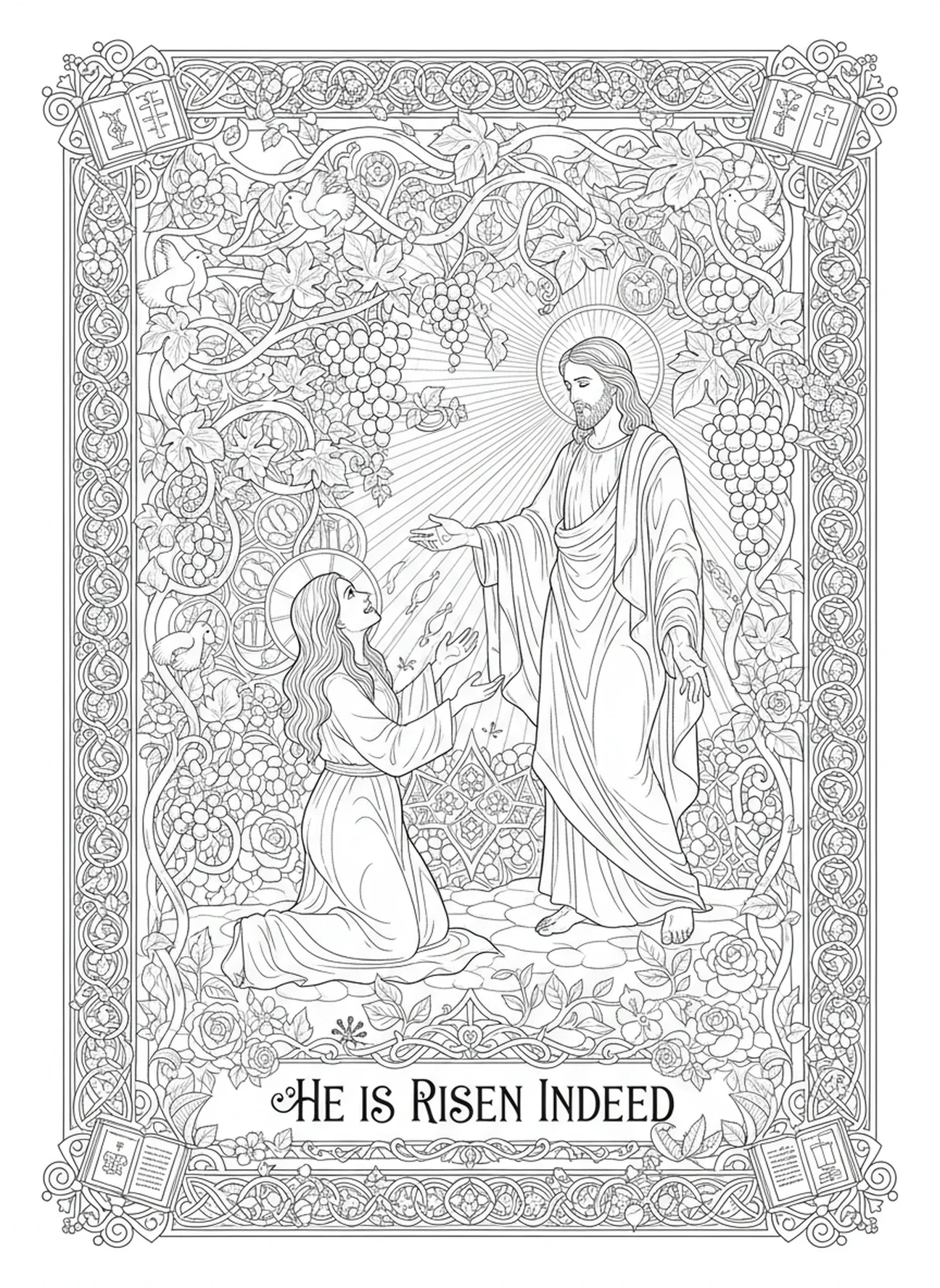Marie Madeleine rencontrant joyeusement le Christ ressuscité, page à colorier pour adultes dans un style de journal biblique.