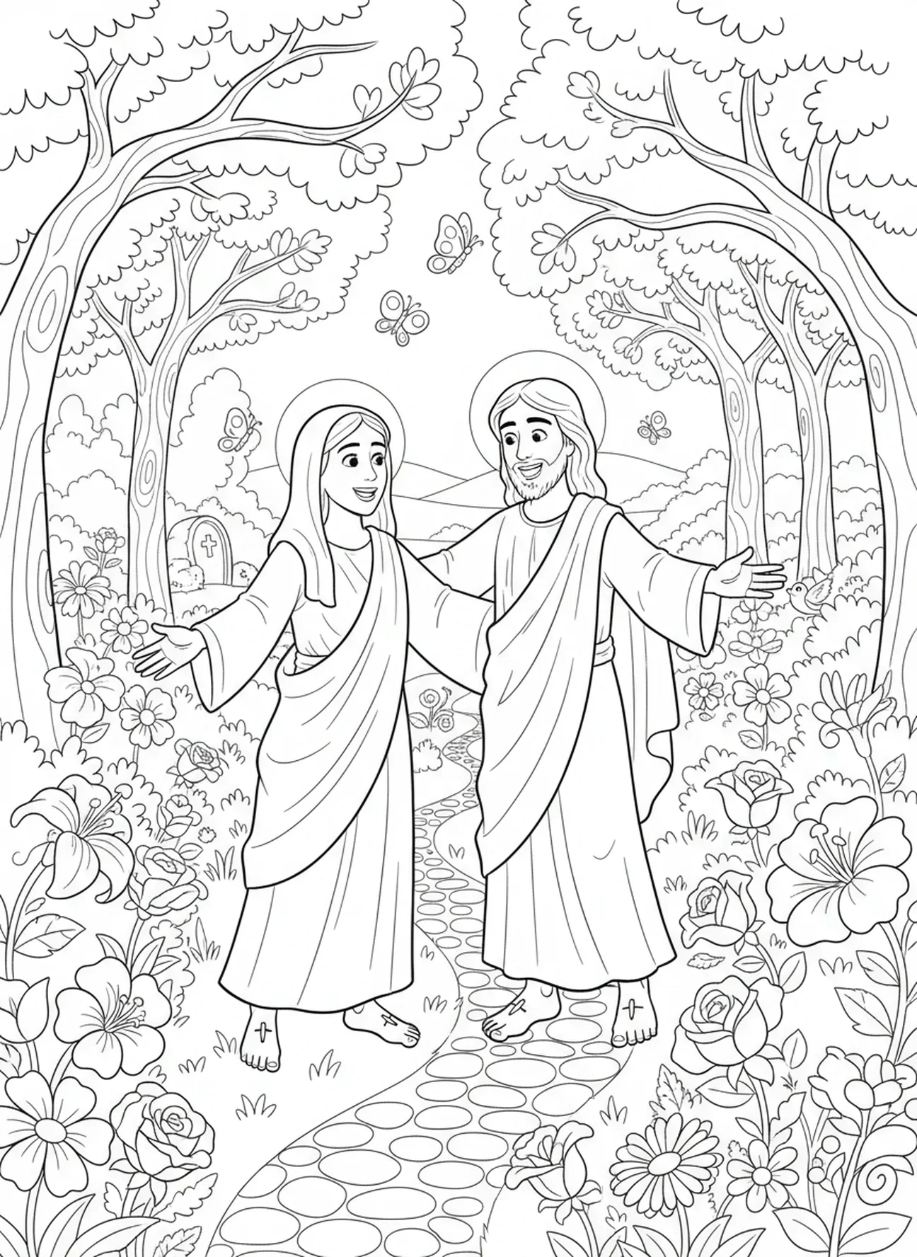 Maria Magdalena spotyka Jezusa w ogrodzie, kolorowanka dla dzieci w wieku 5-10 lat.
