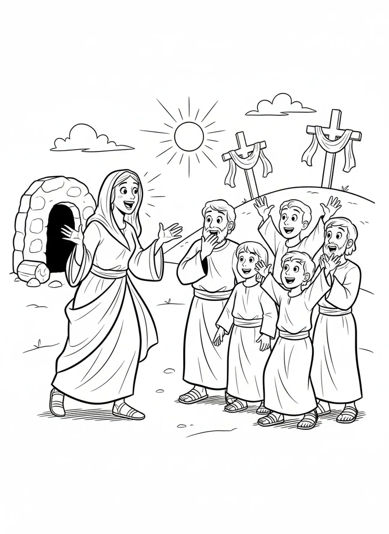 Maria Magdalena dzieli się nowiną, kolorowanka z Marią Magdaleną dla dzieci w wieku 5-10 lat.