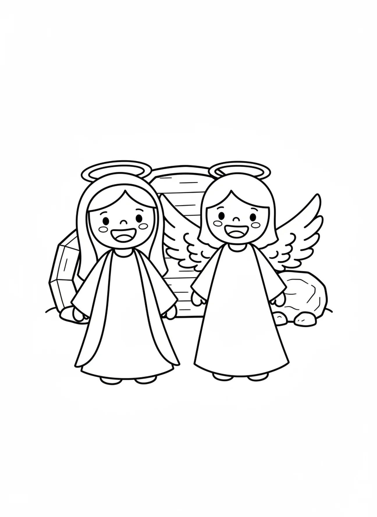 Fröhlicher Engel mit Maria, Ausmalbild für Vorschulkinder im Alter von 3-5 Jahren.
