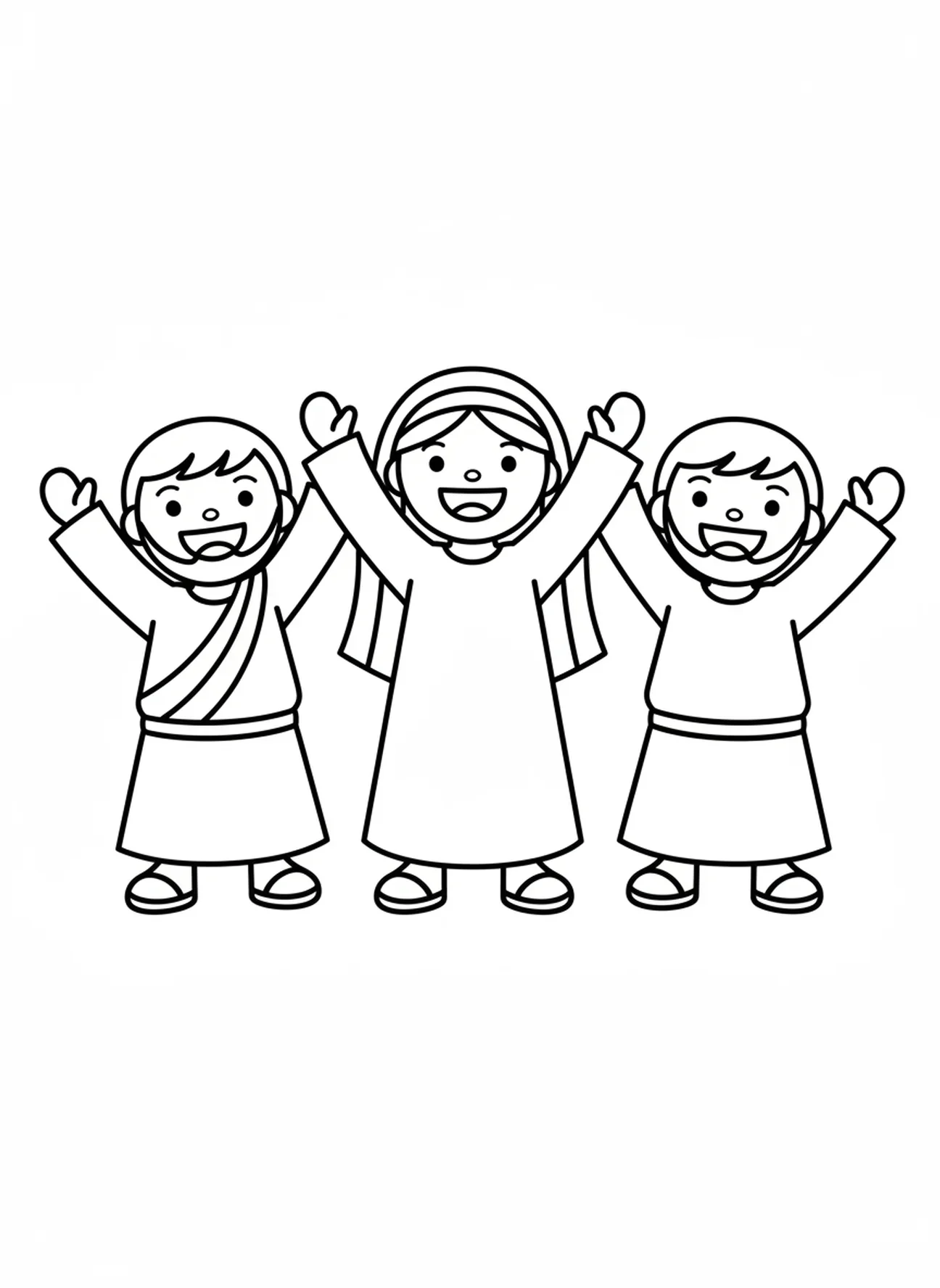 Maria und zwei fröhliche Jünger, Ausmalbild von Maria Magdalena für Vorschulkinder im Alter von 3-5 Jahren.