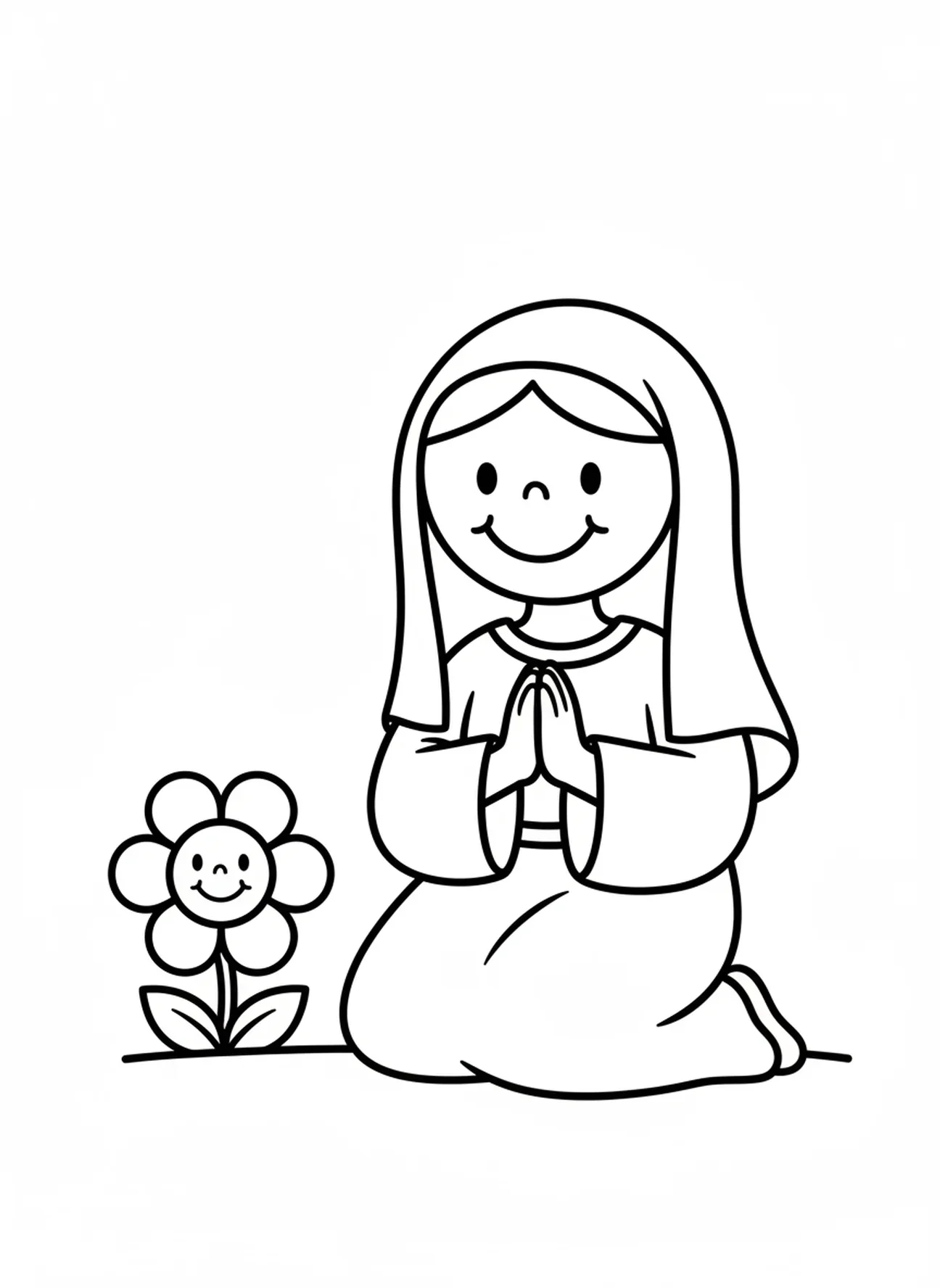Maria kniet im Gebet, Ausmalbild von Maria Magdalena für Vorschulkinder im Alter von 3-5 Jahren.