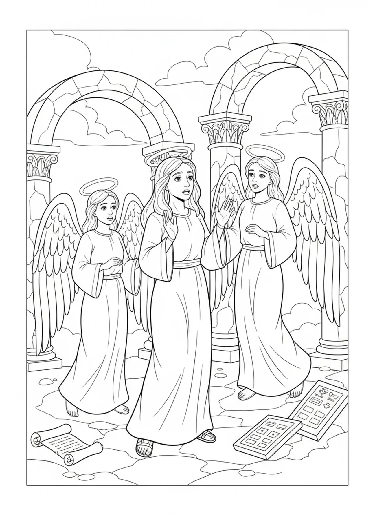 Maria Magdalena mit Engeln, Ausmalbild von Maria Magdalena für Sonntagsschulkinder im Alter von 5-12 Jahren.