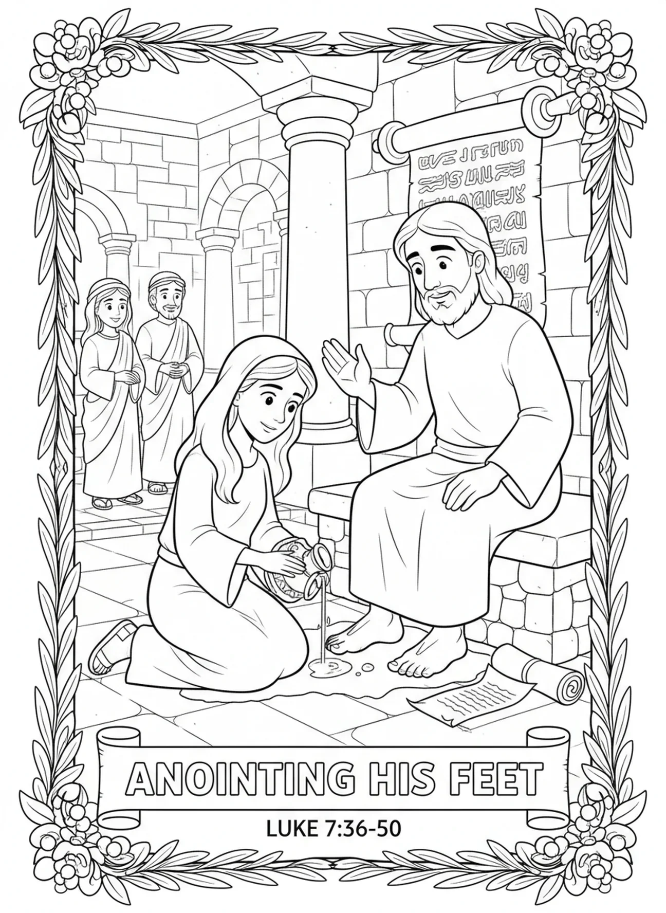Maria salbt Jesus, Ausmalbild für Kinder im Religionsunterricht im Alter von 5-12 Jahren.