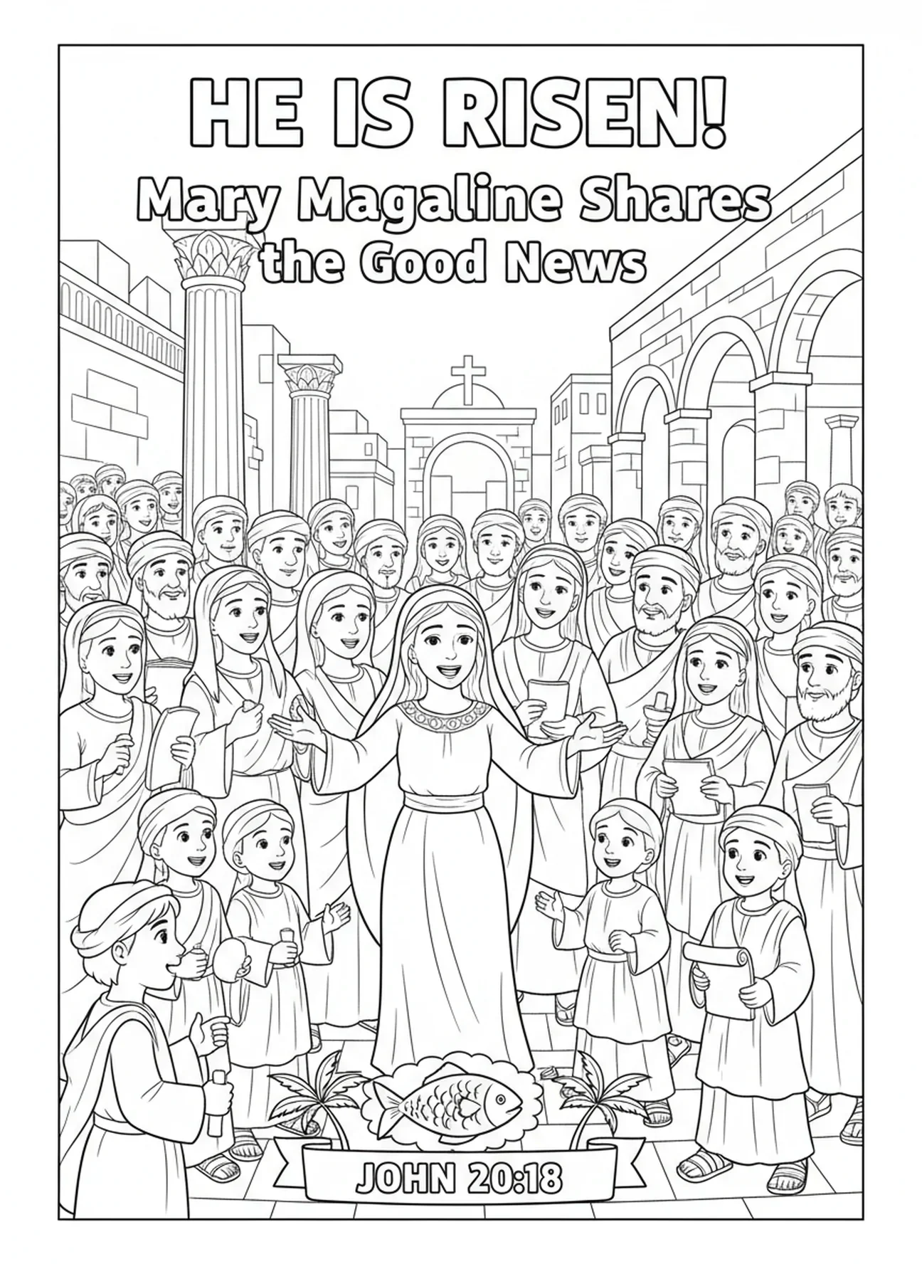 Maria Magdalena in der Menge, Ausmalbild von Maria Magdalena für Sonntagsschulkinder im Alter von 5-12 Jahren.