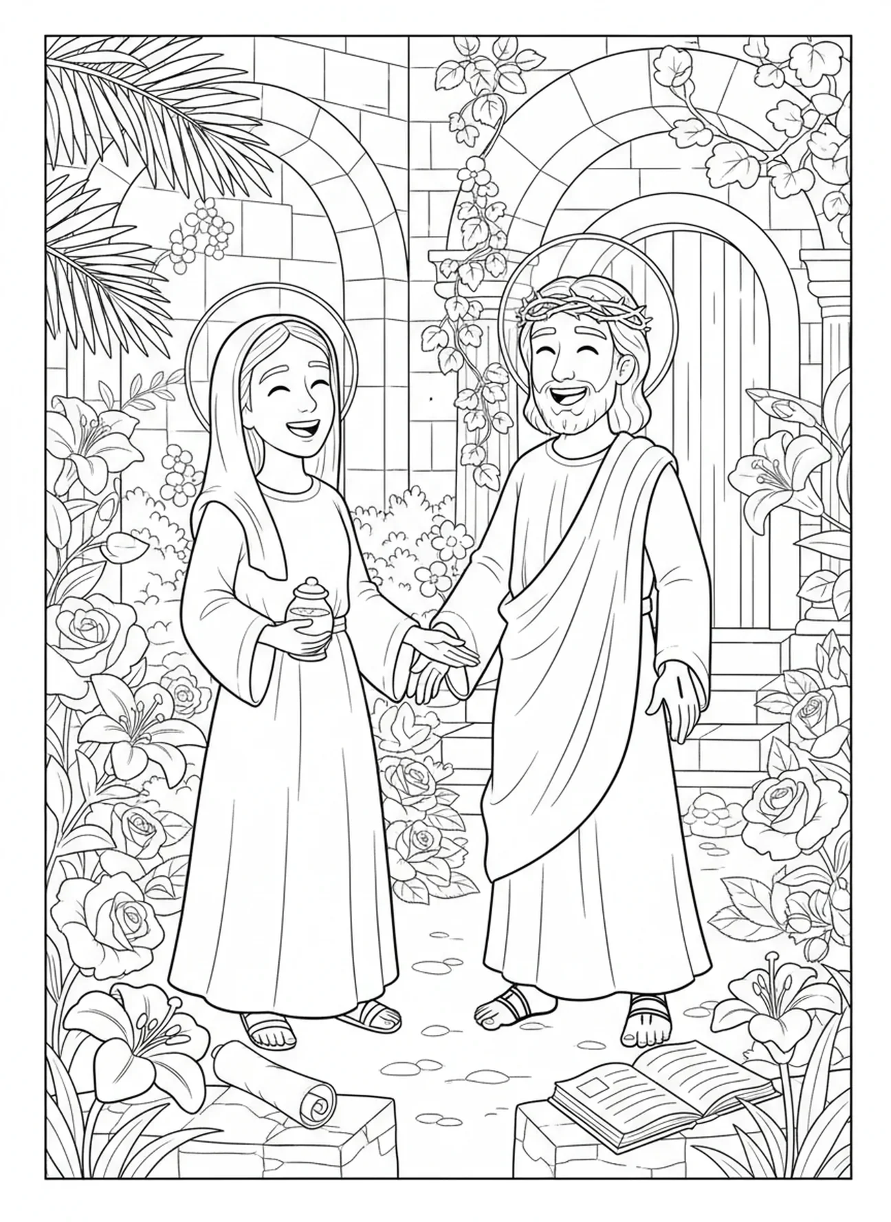 Maria Magdalena trifft Jesus im Garten, Ausmalbild von Maria Magdalena für Kinder in der Sonntagsschule im Alter von 5-12 Jahren.