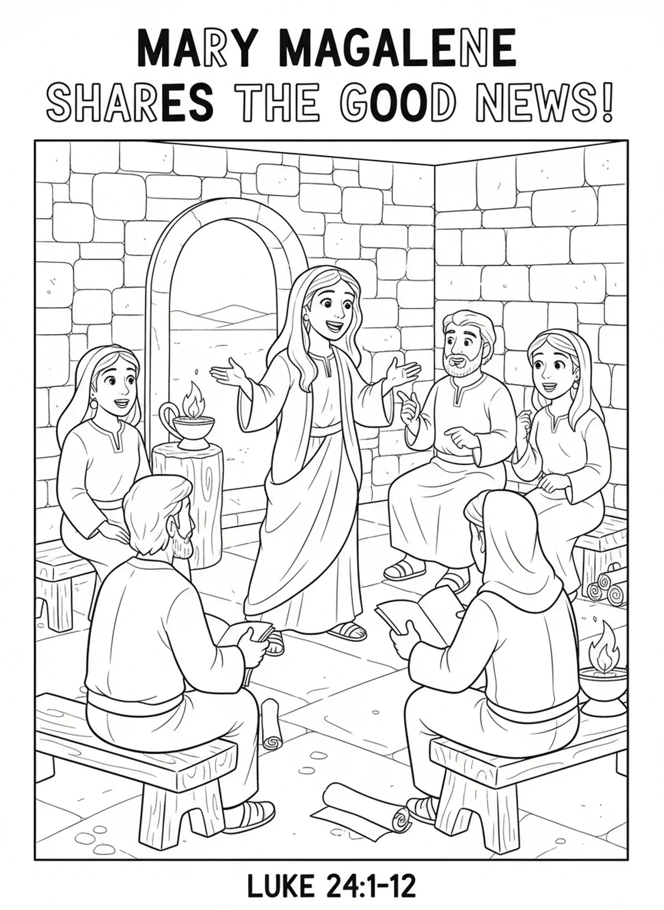 Maria teilt die Nachricht mit den Jüngern, Ausmalbild von Maria Magdalena für die Sonntagsschule für Kinder im Alter von 5-12 Jahren.