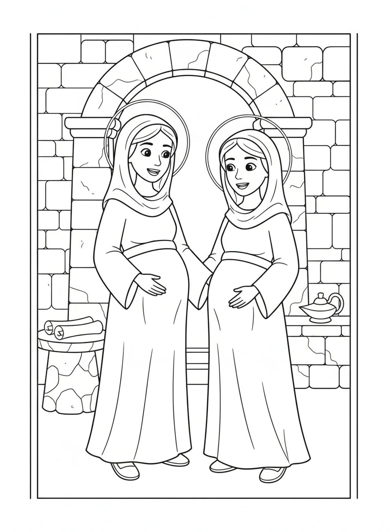 Élisabeth avec la main sur le ventre, page à colorier de la Visite de Marie à Élisabeth pour les enfants de l'École du dimanche âgés de 5 à 12 ans.