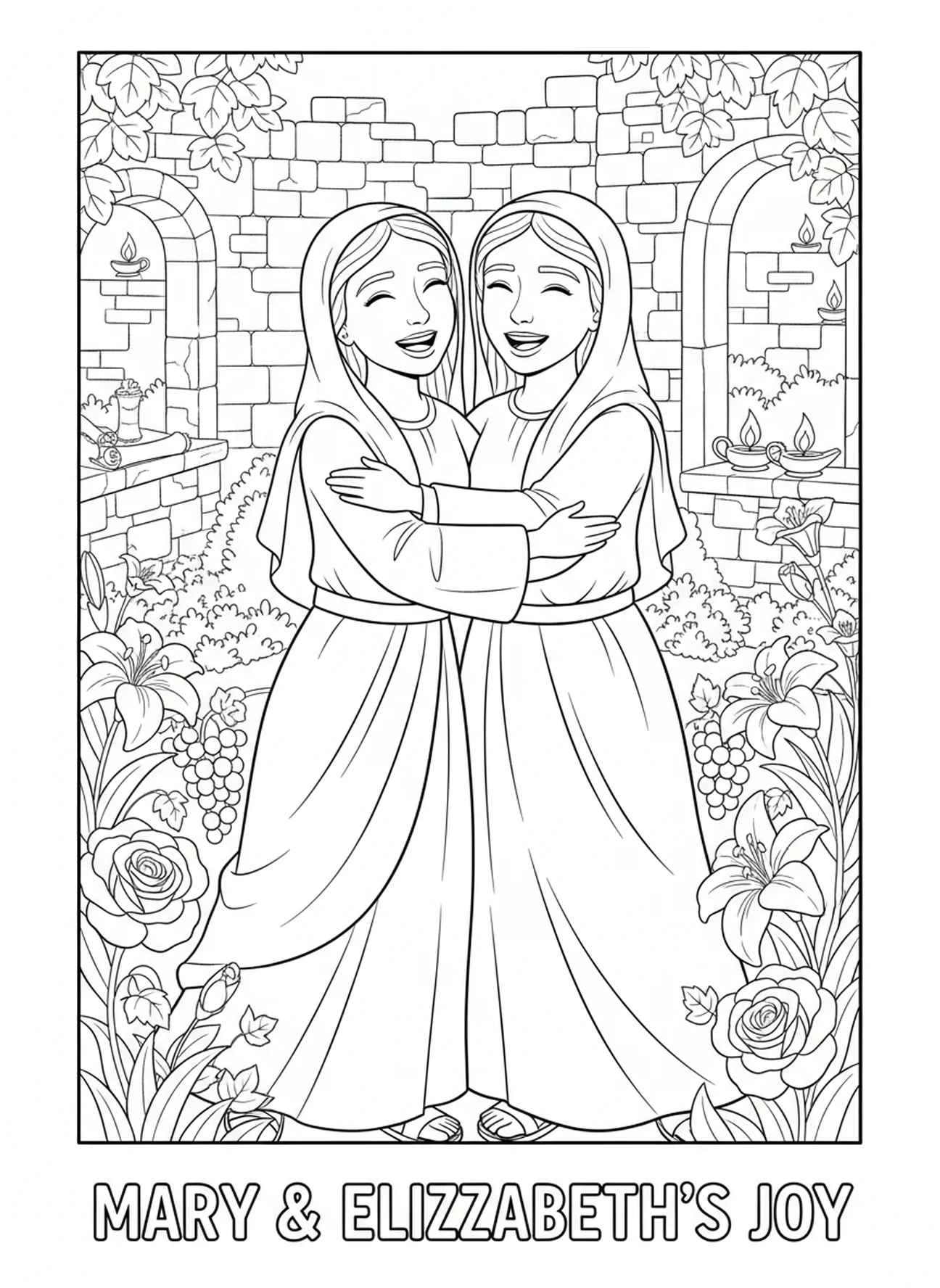 Marie et Élisabeth s'embrassent, page à colorier Marie rend visite à Élisabeth pour les enfants de catéchisme âgés de 5 à 12 ans.