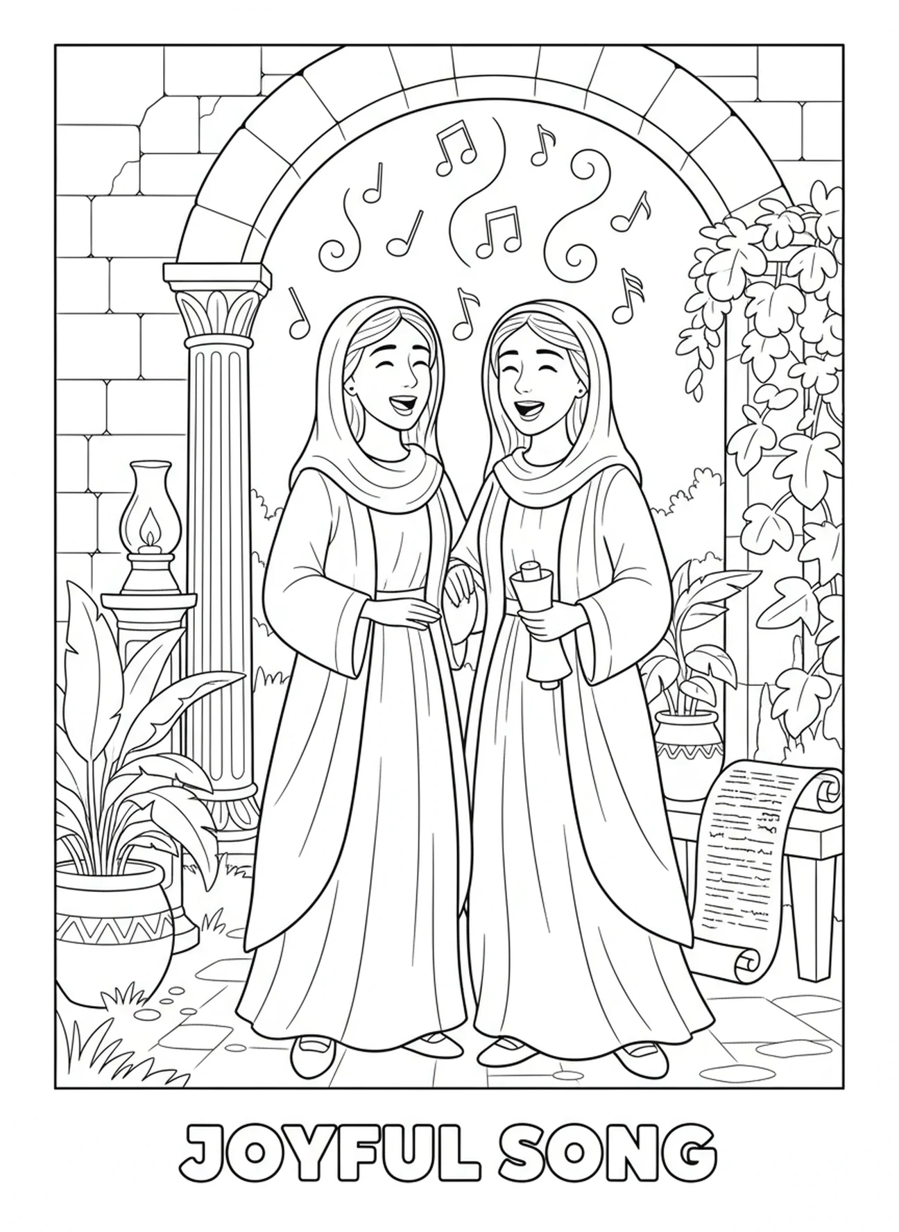 Marie et Élisabeth chantant, page à colorier Marie rend visite à Élisabeth pour les enfants de l'École du dimanche âgés de 5 à 12 ans.
