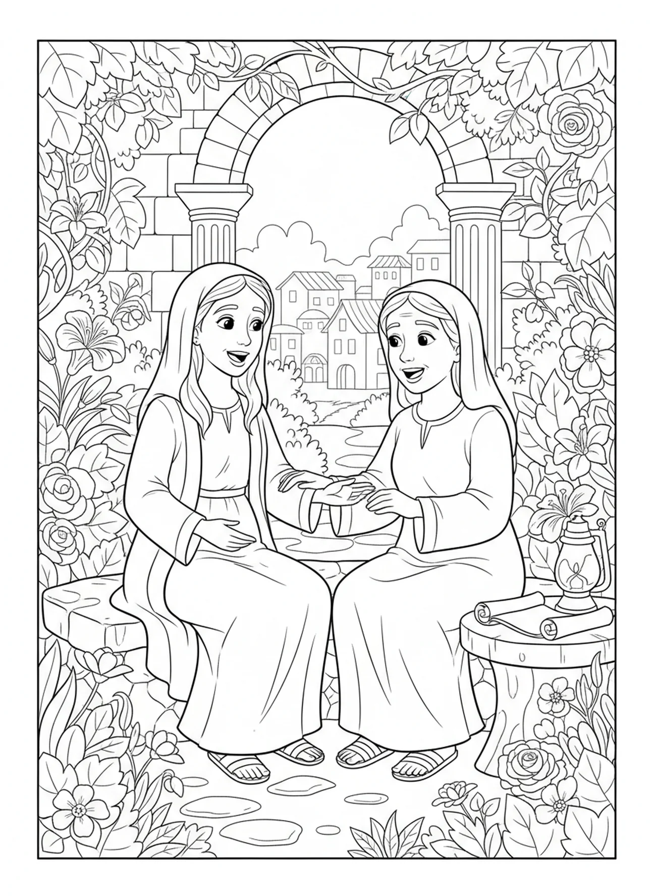 Marie partage la bonne nouvelle avec Élisabeth, page à colorier Marie rend visite à Élisabeth pour les enfants de l'École du dimanche âgés de 5 à 12 ans.
