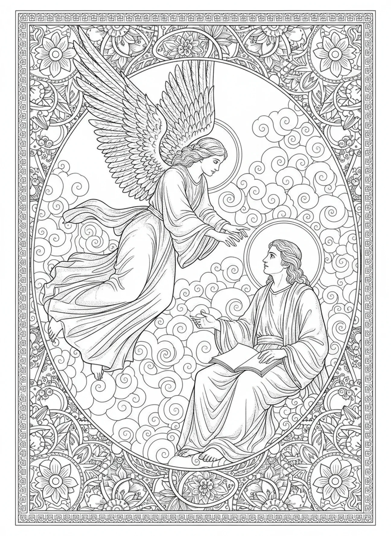 Ángel apareciendo, página para colorear de San Mateo en estilo de journaling bíblico para adultos