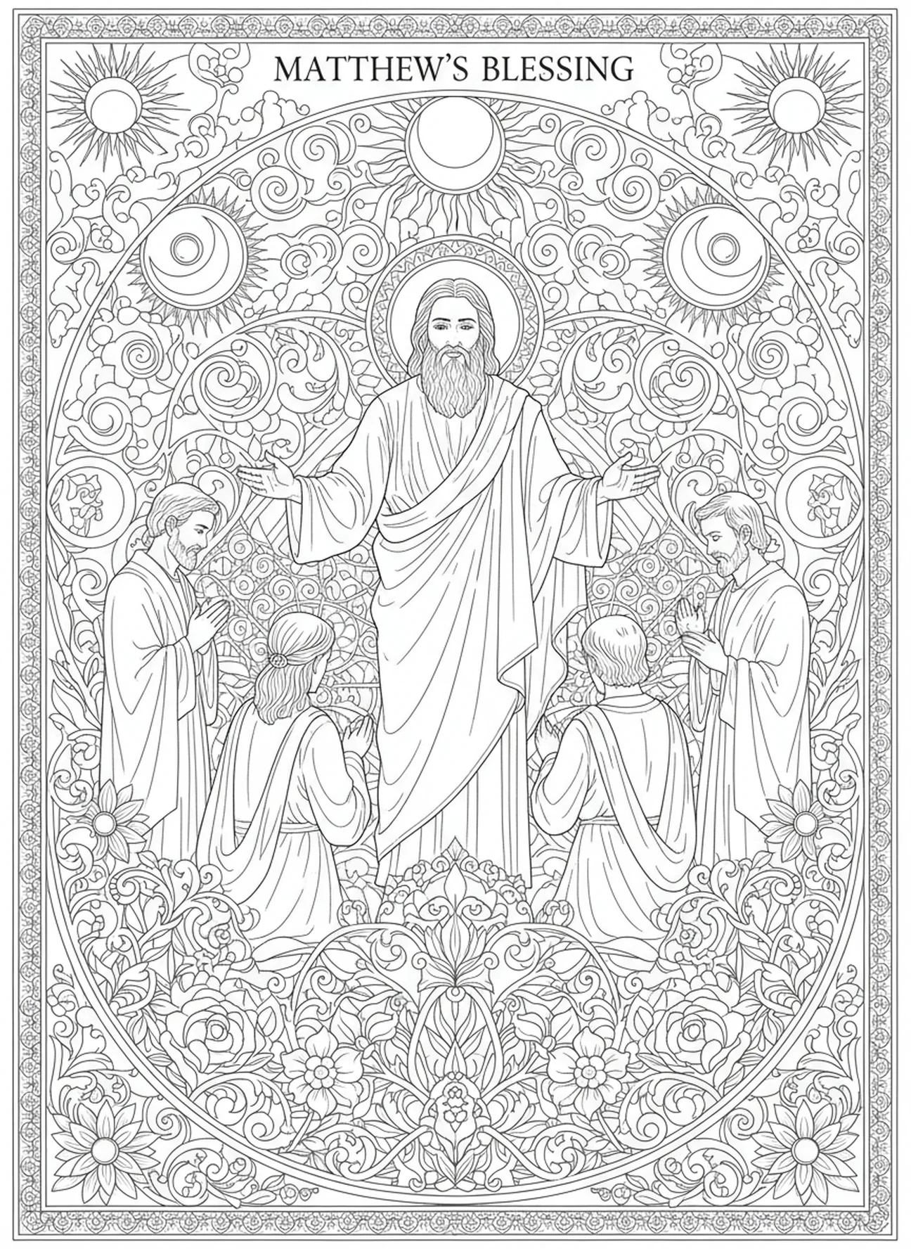 Bendición final, página para colorear de San Mateo en estilo de journaling bíblico para adultos