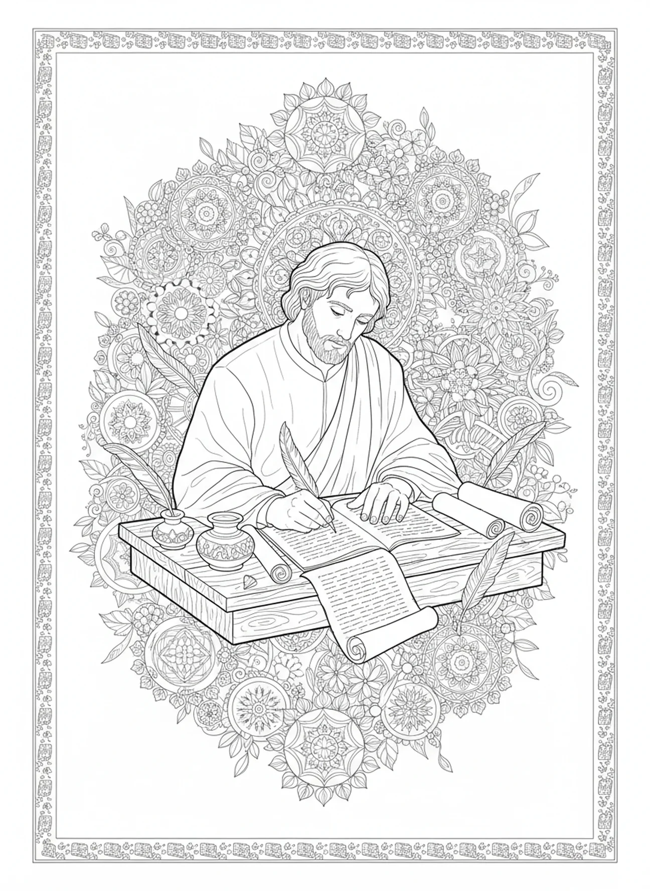 Mateo escribiendo el Evangelio, página para colorear de Mateo Evangelista en estilo de journaling bíblico para adultos