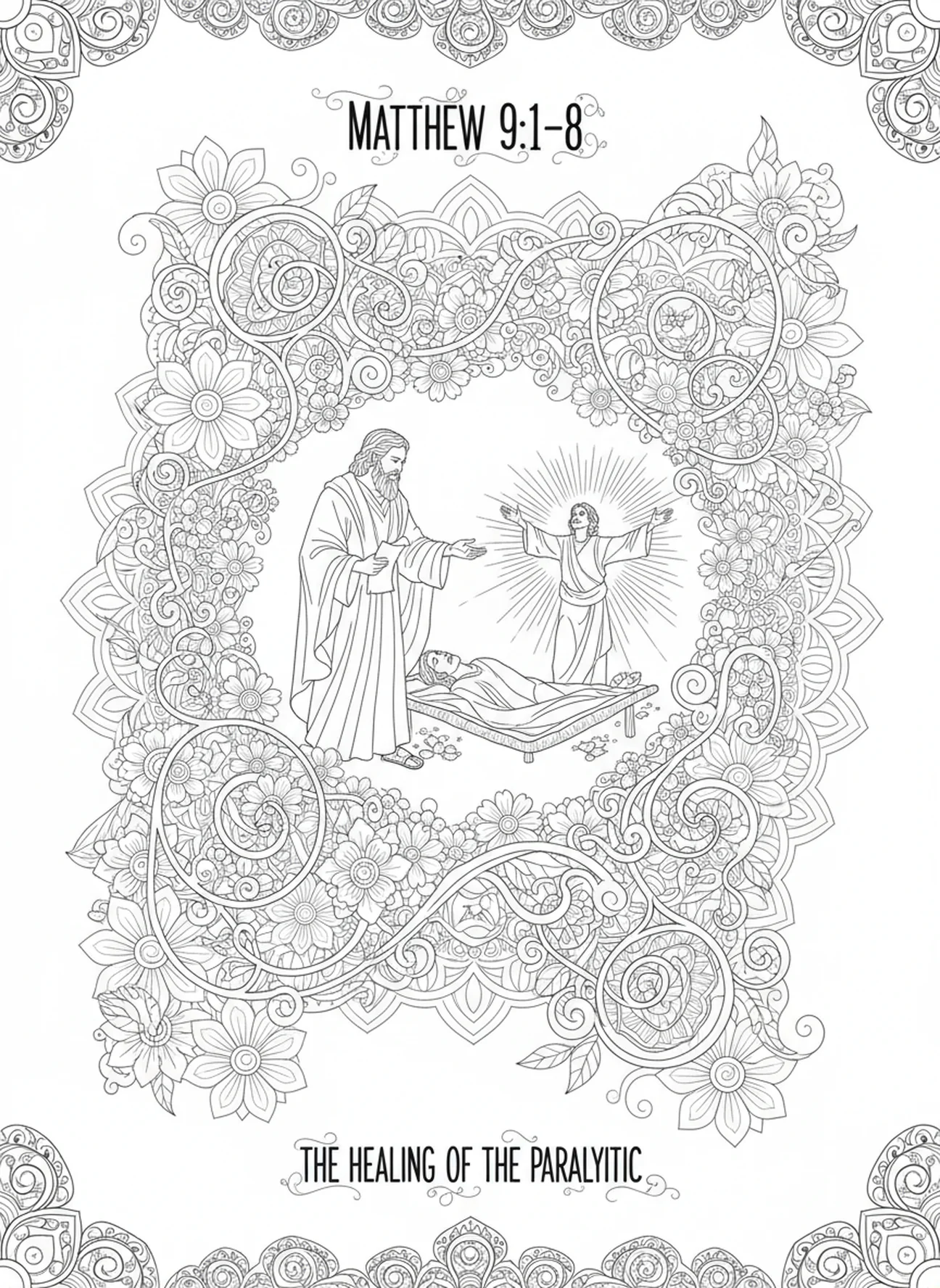 Milagro de sanación, página para colorear de San Mateo en estilo de journaling bíblico para adultos